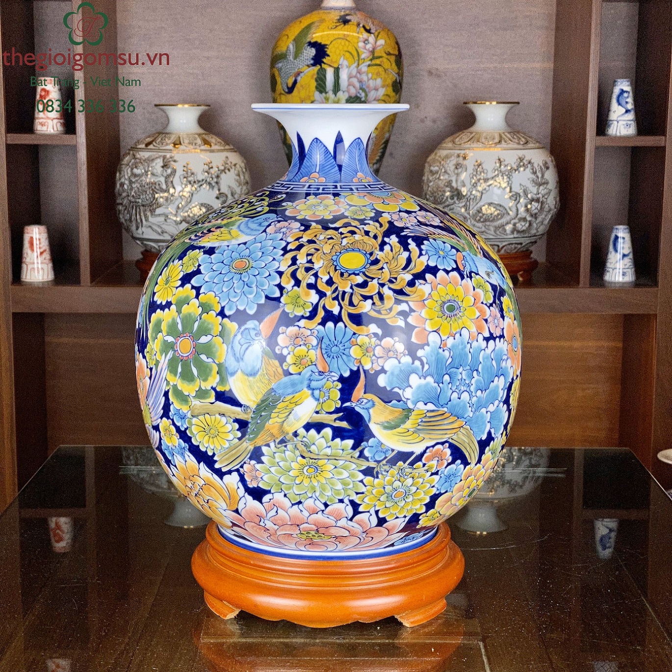 Bình hút lộc " Phú Quý Trường Xuân bách hoa" màu nền xanh coban