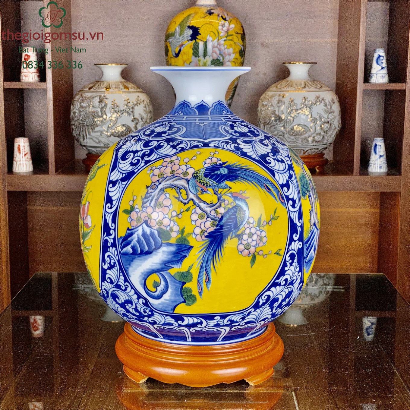 Bình Hút Tài Lộc "Tứ cảnh đôi chim màu" nền màu vàng