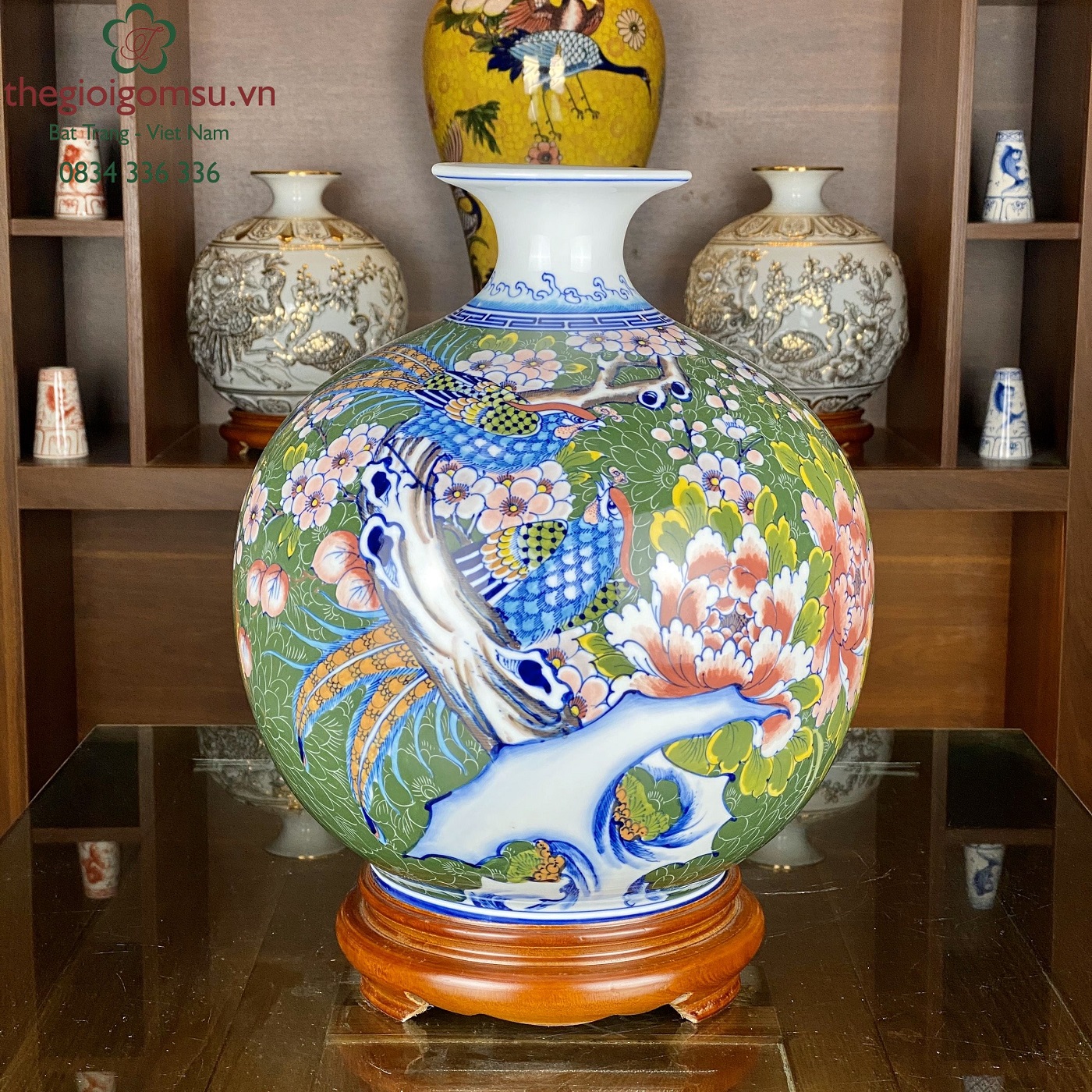 Bình Hút Tài Lộc "Chim Trĩ Bách Hoa" nền hoa gấm xanh