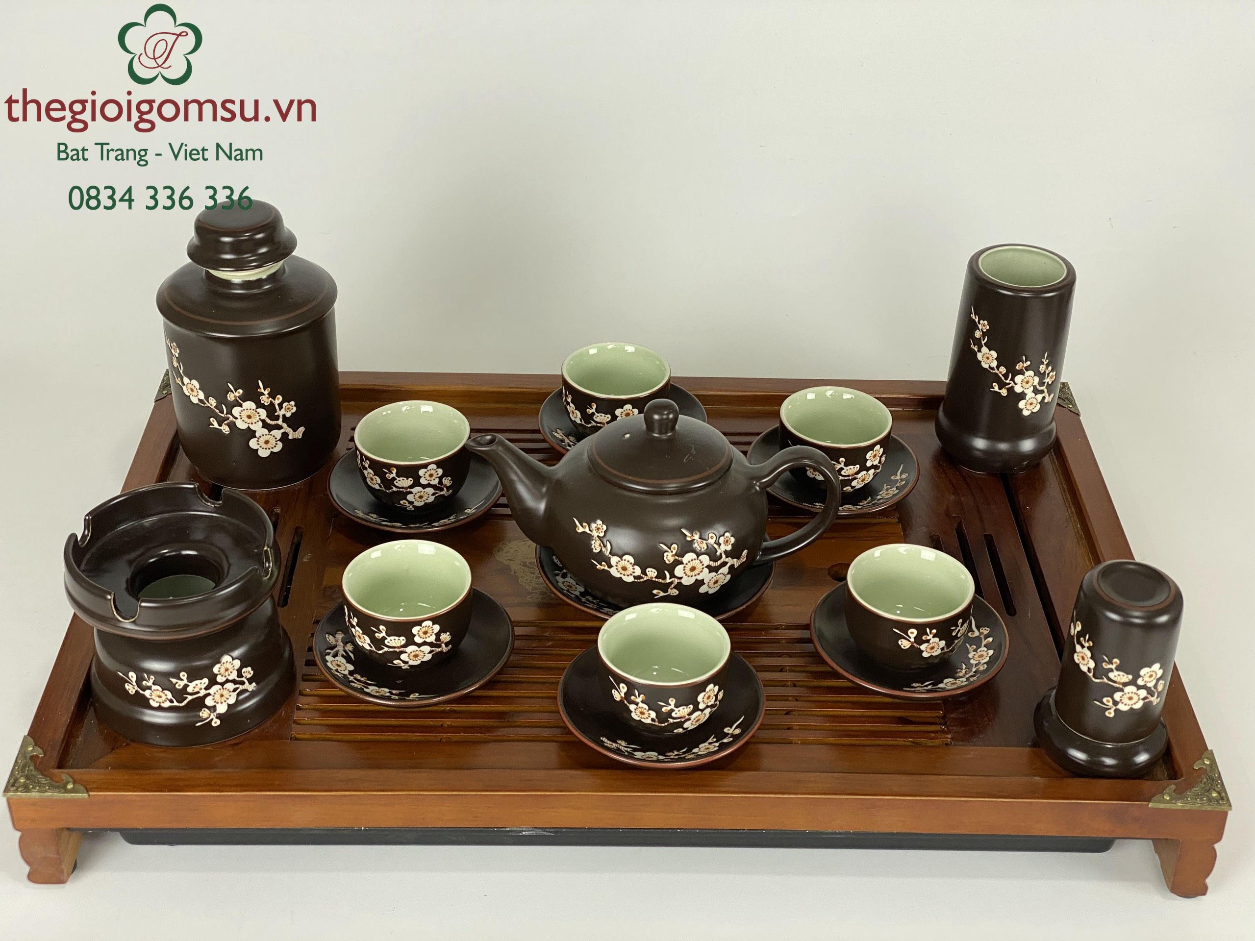 Ấm chén dáng chóp cao cấp khắc hoa đào