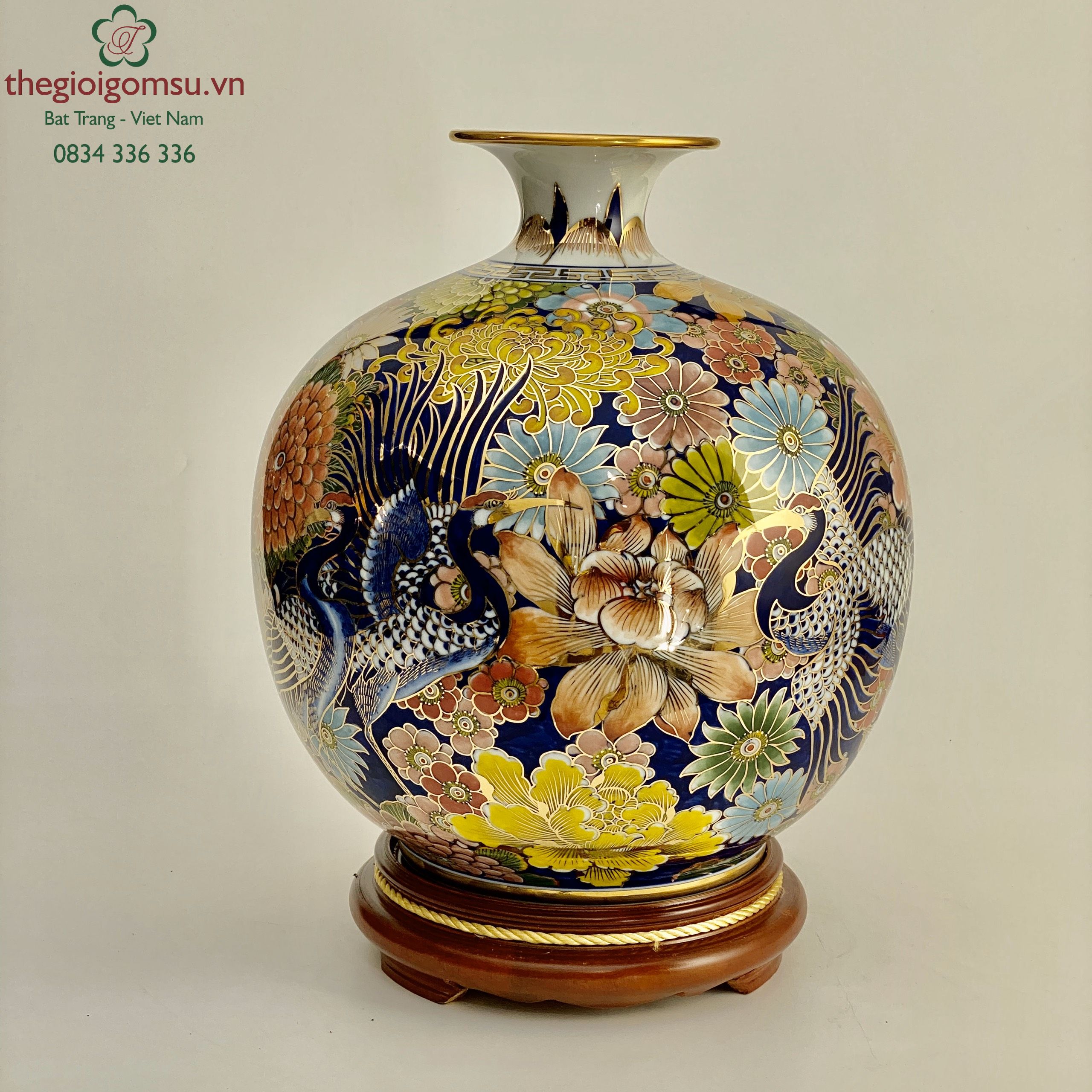 Bình Hút Tài Lộc "Bách Hạc Bách Hoa" màu vẽ vàng 24k