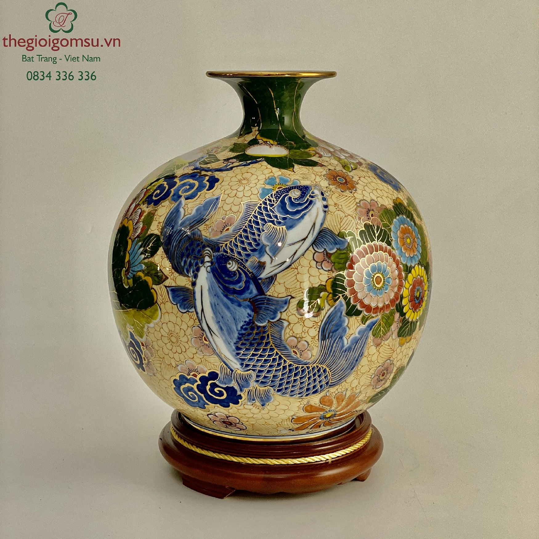 Bình Hút Tài Lộc "Cá Chép Bách Hoa màu" vẽ vàng 24k