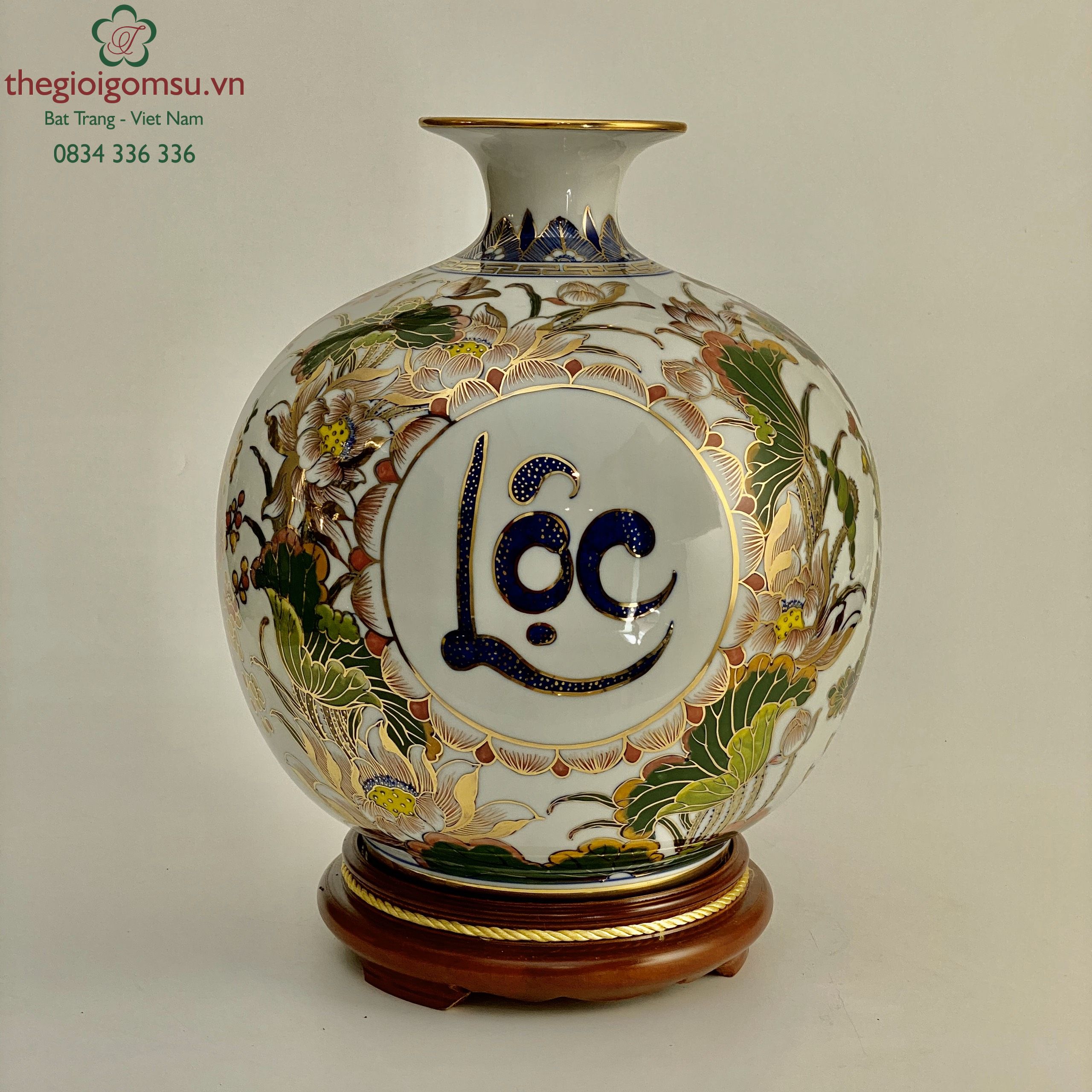 Bình hút tài lộc "Phúc- Lộc- Thọ" viền hoa trang trí màu vẽ vàng 24k