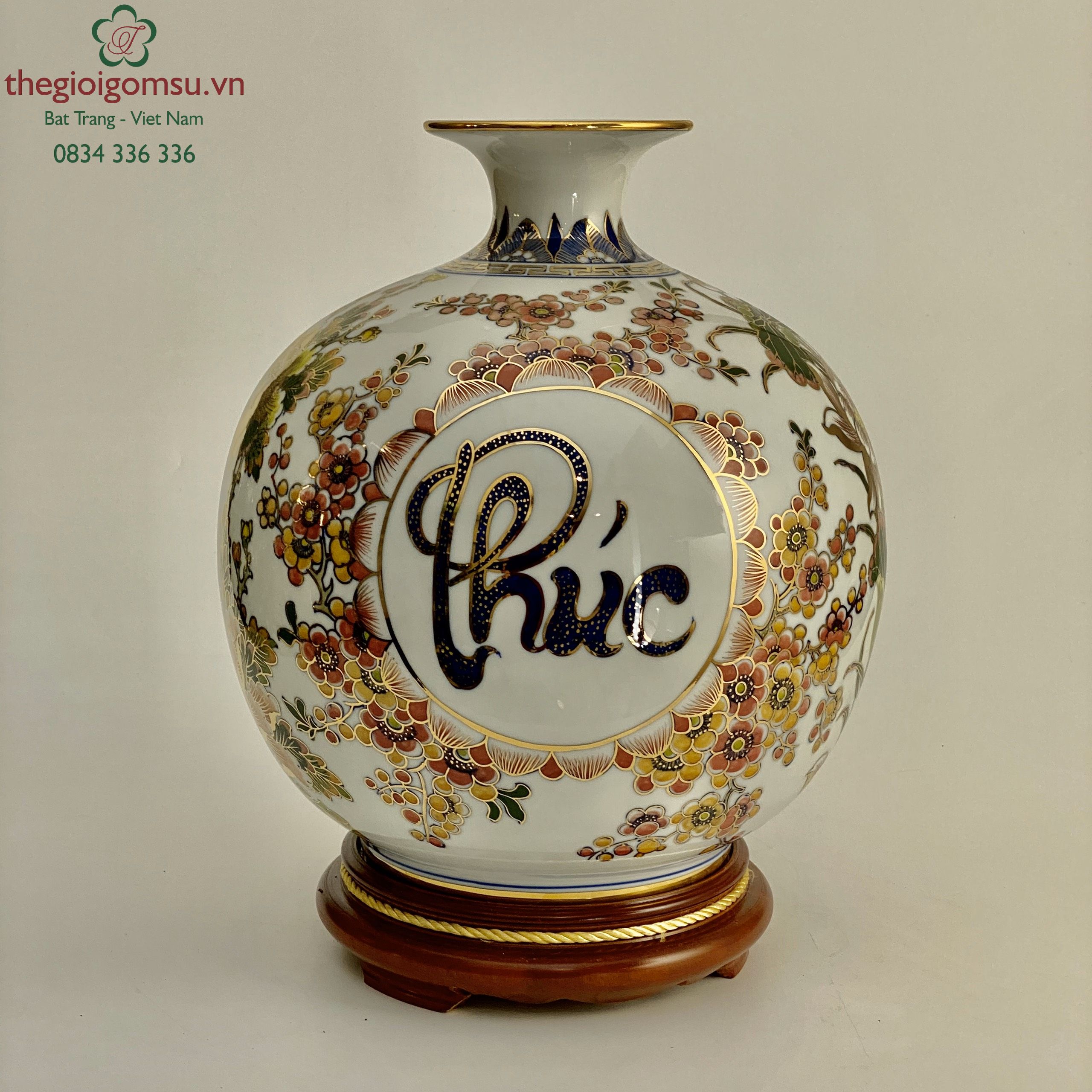 Bình hút tài lộc "Phúc- Lộc- Thọ" viền hoa trang trí màu vẽ vàng 24k