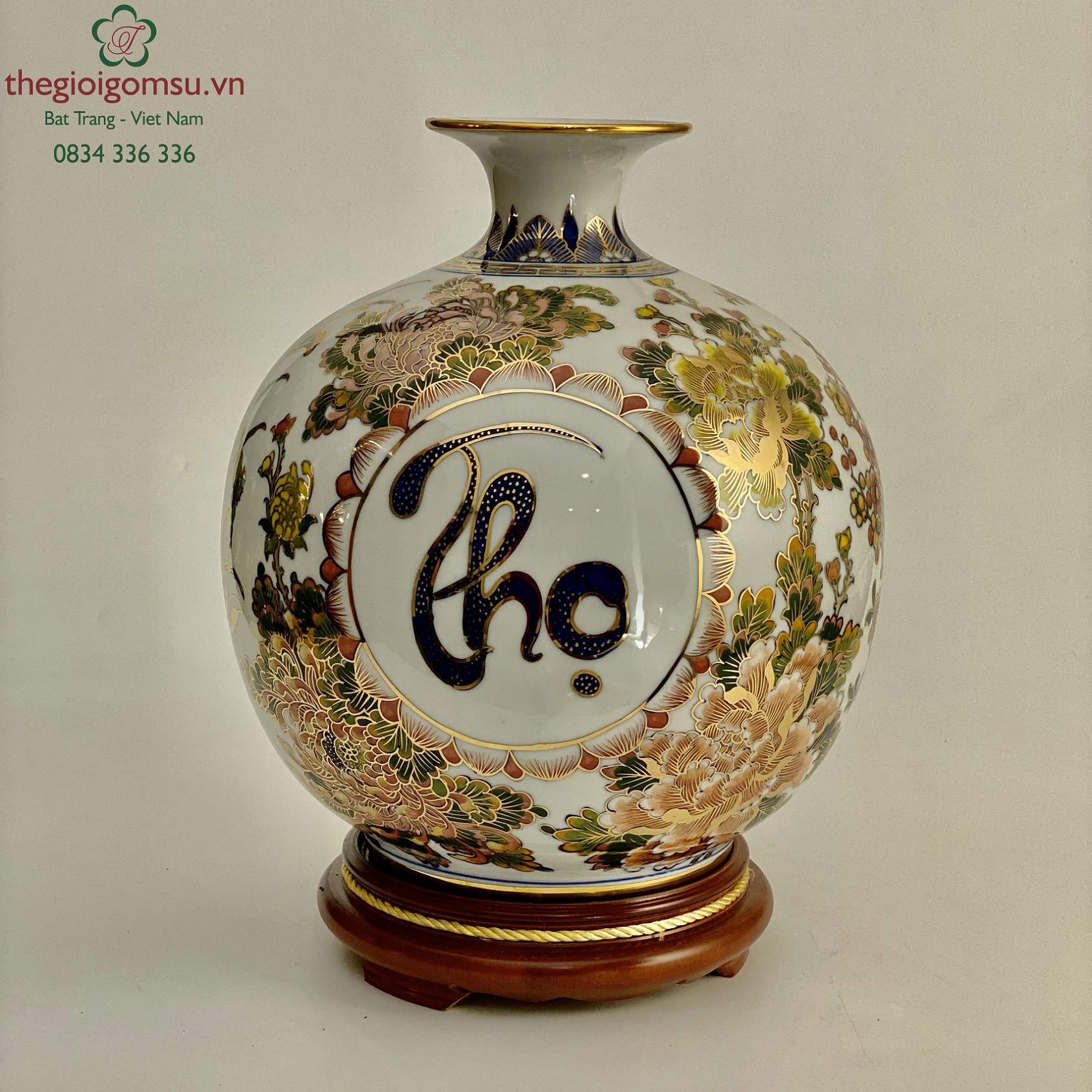 Bình hút tài lộc "Phúc- Lộc- Thọ" viền hoa trang trí màu vẽ vàng 24k