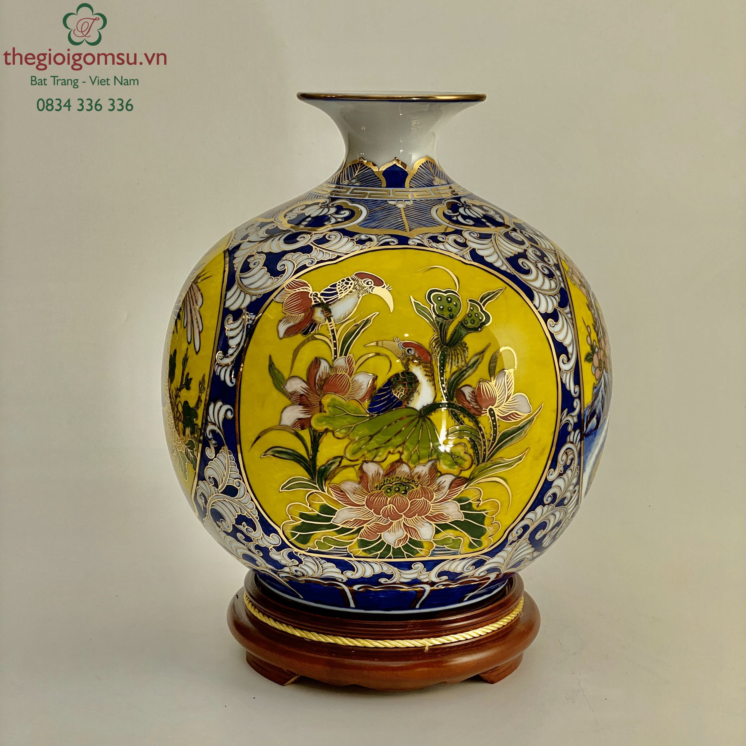 Bình hút tài lộc tứ cảnh tứ hoa vẽ vàng 24k màu