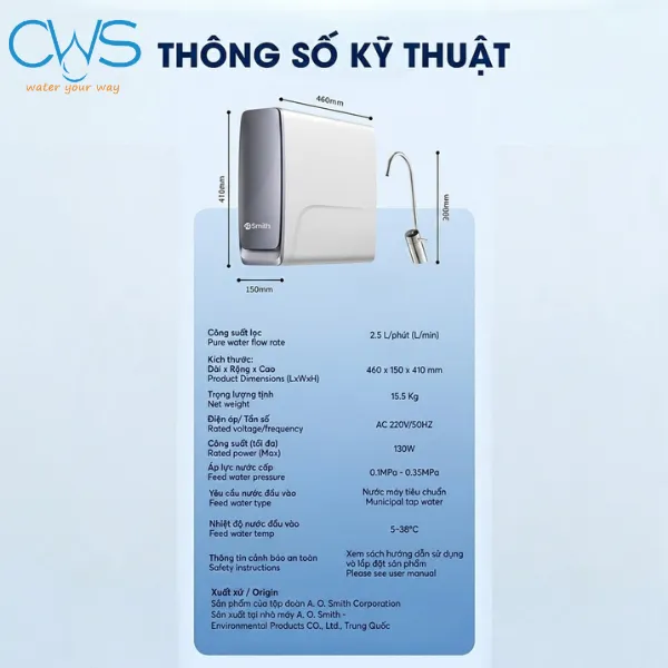 Bảng Thông Số Kỹ Thuật Chi Tiết Máy Lọc Nước AO Smith X1000
