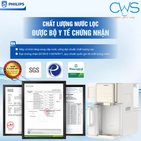 Các Chứng Nhận Chất Lượng Và An Toàn Nguồn Nước Máy Lọc Nóng Lạnh Philips ADD6912