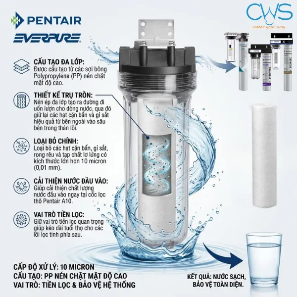 Cấu Tạo Và Hiệu Năng Lõi Lọc Thô Pentair Everpure 10Inch EC110 Quyết Định Khả Năng Giữ Cặn Như Thế Nào