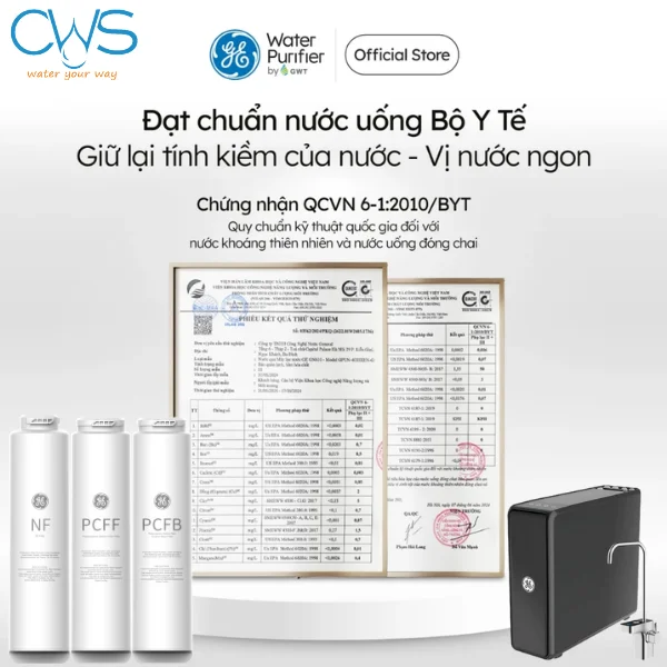 Chứng nhận QCVN 6-1:2010/BYT cho chất lượng nước sau lọc máy GE DN810