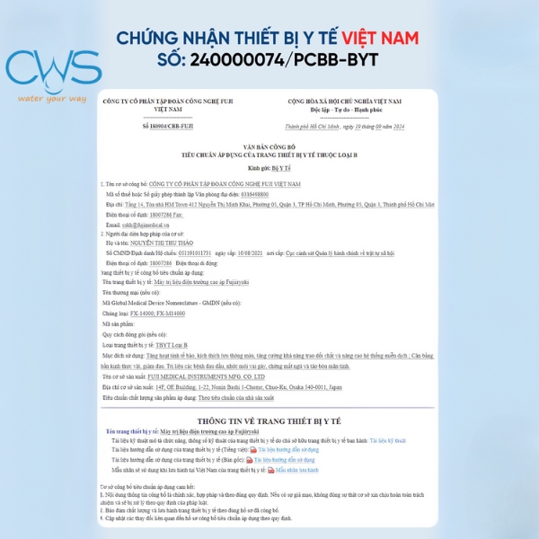 Chứng nhận y tế Việt Nam cho máy điện trường cao áp Fujiryoki FX-14000