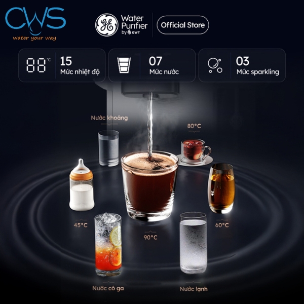Cung cấp 15 mức nhiệt, 7 mức nước trên máy lọc nước GE CTS10
