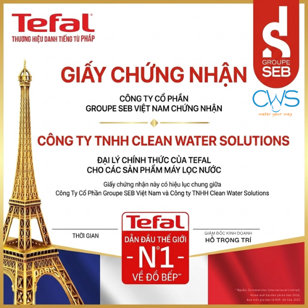Giấy Chứng Nhận Đại Lý Phân Phối Chính Hãng Máy Lọc Nước Tefal Của CWS