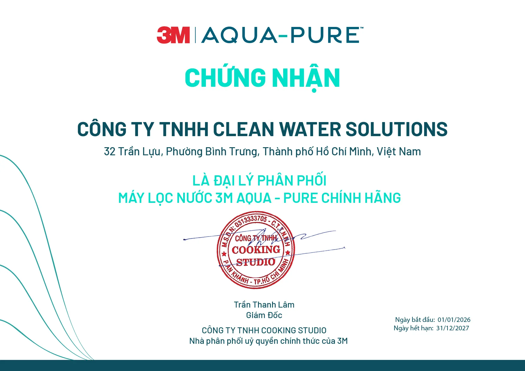 Giấy Chứng Nhận CWS Là Đại Lý Phân Phối Chính Hãng Máy Lọc Nước 3M Aqua-Pure