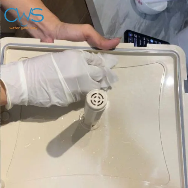 Kỹ thuật viên CWS đang thay lõi lọc nước Coway tại nhà khách