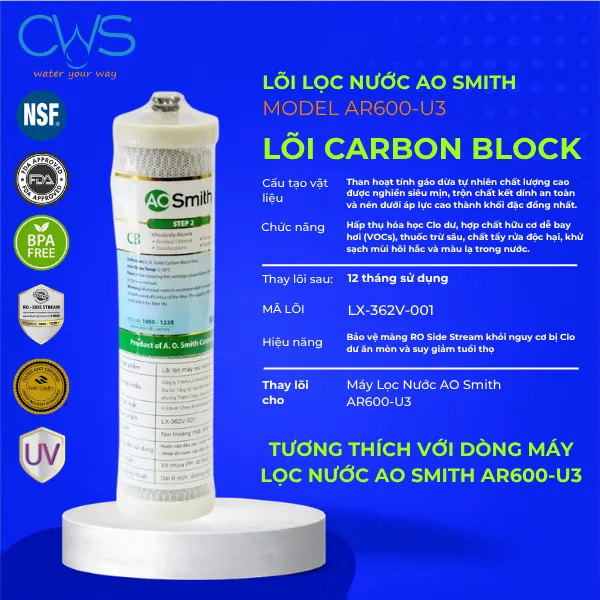 Lõi Carbon Block (Mã Lõi: LX-362V) - Hấp Phụ Clo Và Hóa Chất Hiệu Quả