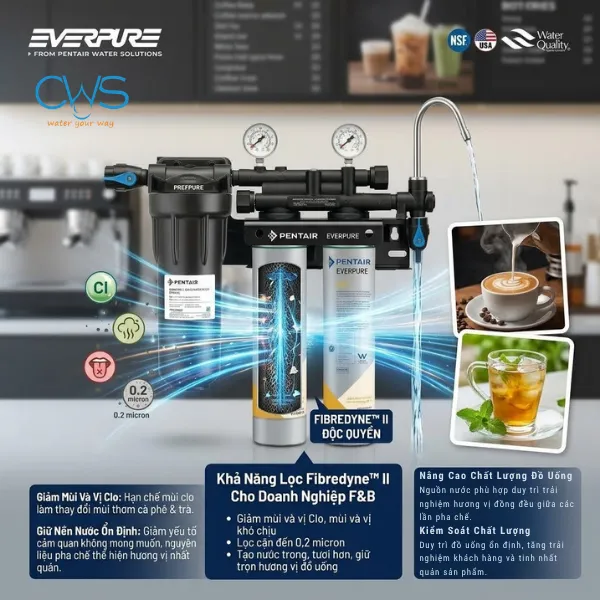 Máy Lọc Nước Pentair Everpure QC7I PF Twin 4FC Sở Hữu Vật Liệu Fibredyne™ II Xử Lý Cặn Và Cải Thiện Mùi Vị Nước