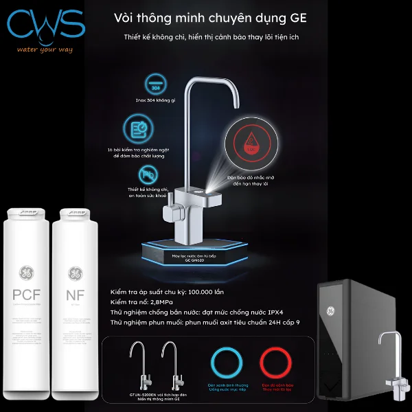 Vòi thông minh máy lọc nước GE GN620 nhắc nhở thay lõi