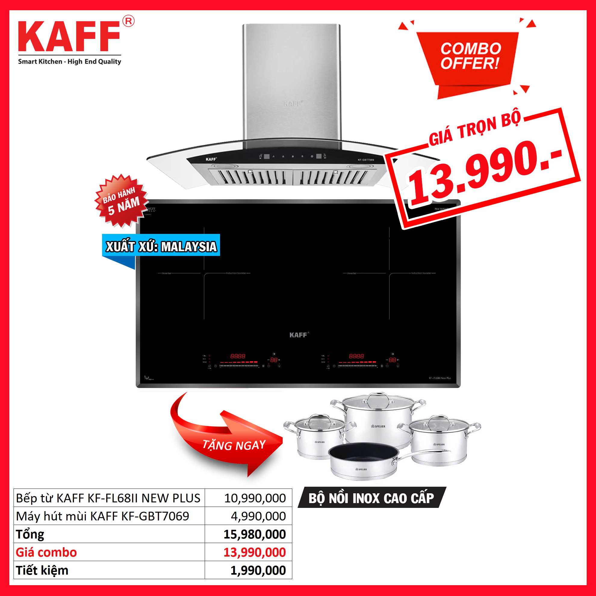 Combo 13: Bếp từ KAFF KF-FL68ii New Plus Và Máy hút mùi KAFF KF-GBT7069