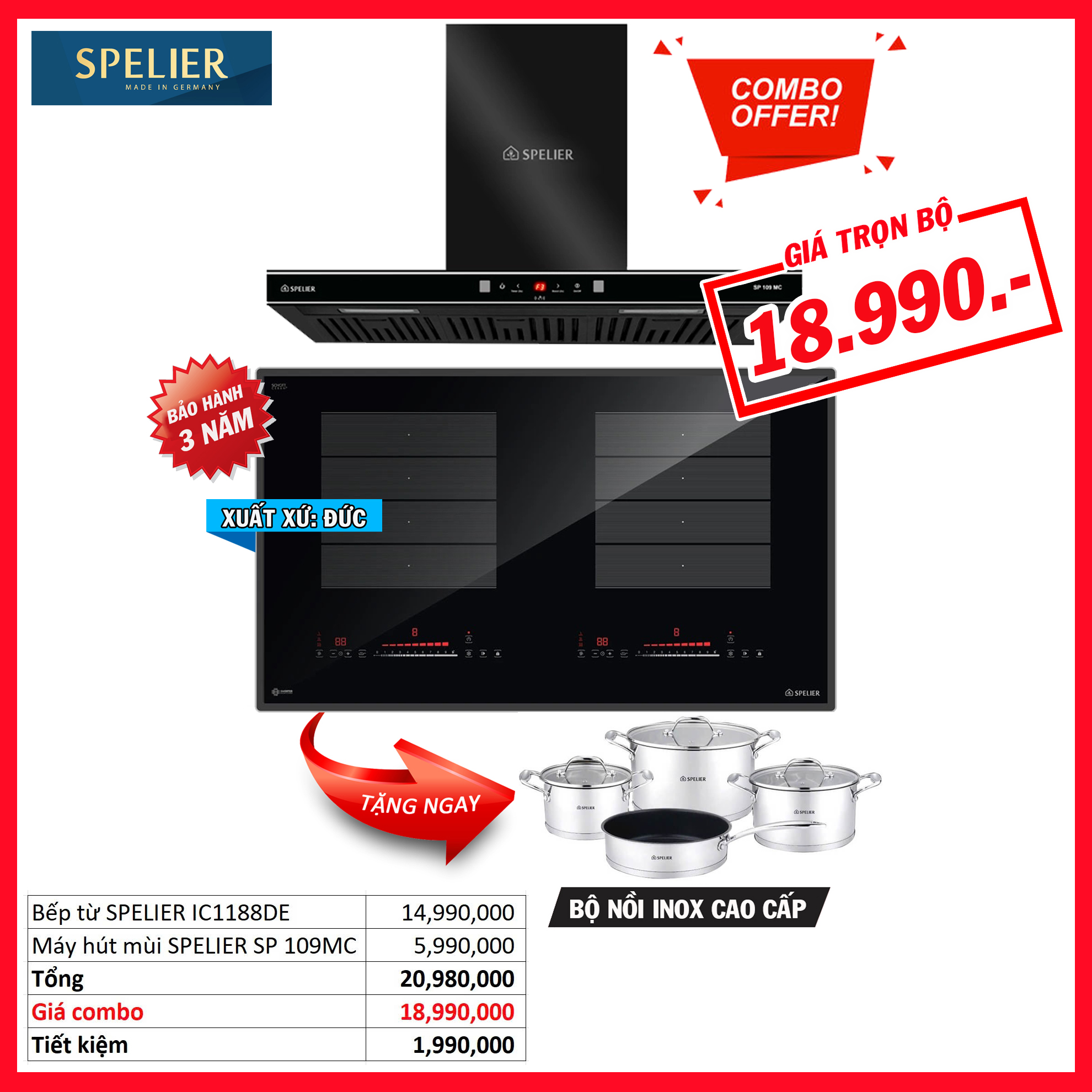 Combo 14: Bếp từ Spelier IC1188DE Và Máy hút mùi Spelier SP109MC