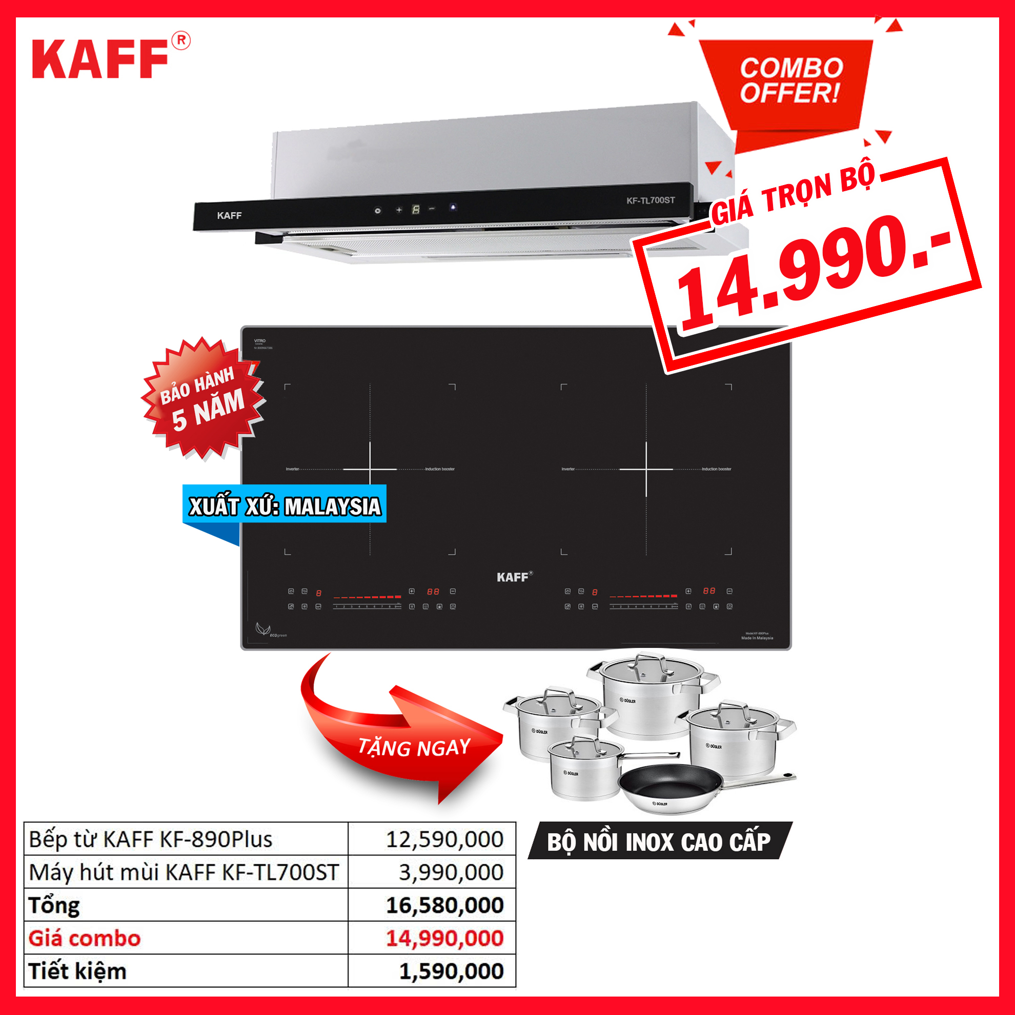 Combo 15: Bếp từ KAFF KF-890Plus và Máy hút mùi KAFF KF-TL700ST