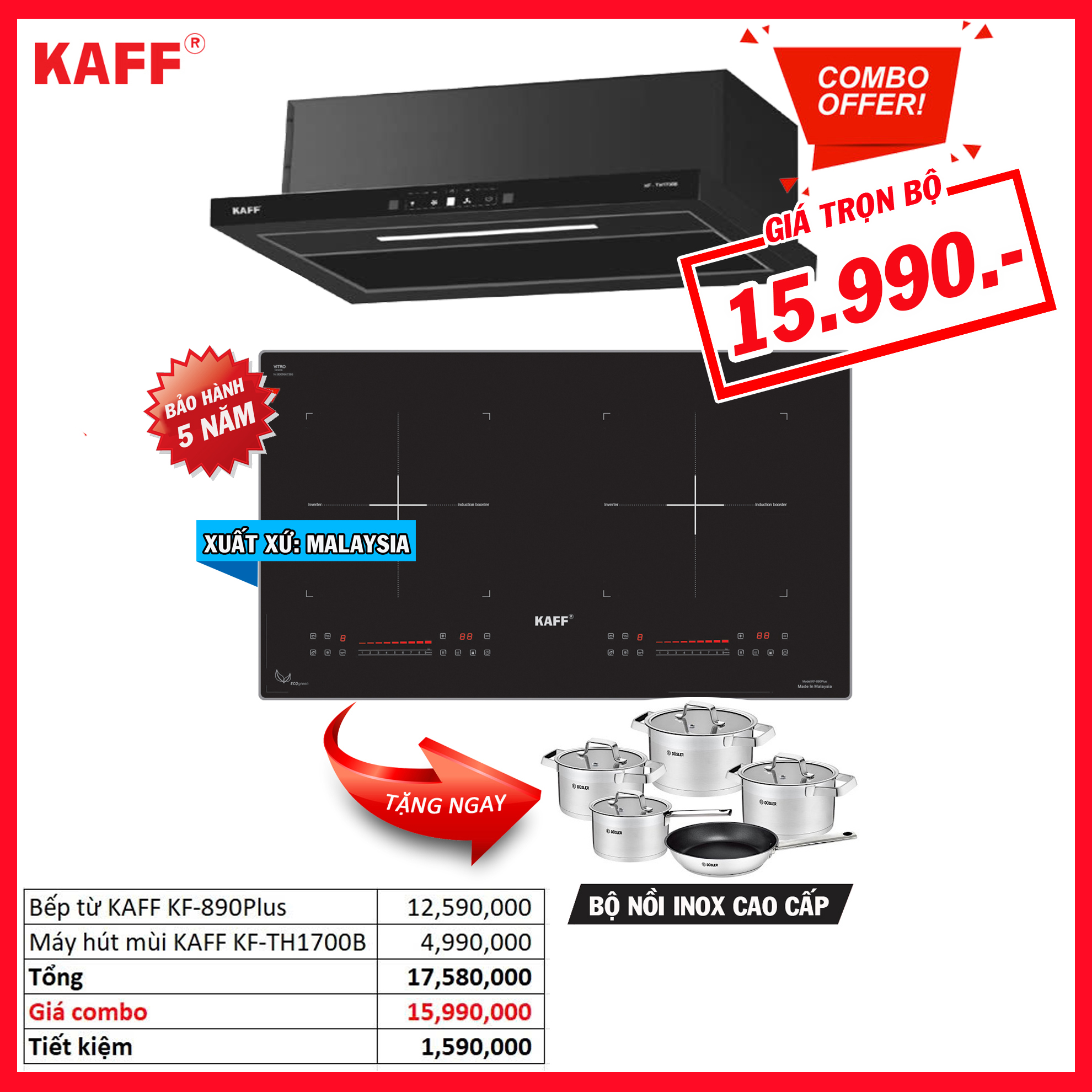 Combo 16: Bếp từ KAFF KF-890Plus Và Máy hút mùi KAFF KF-TH1700B