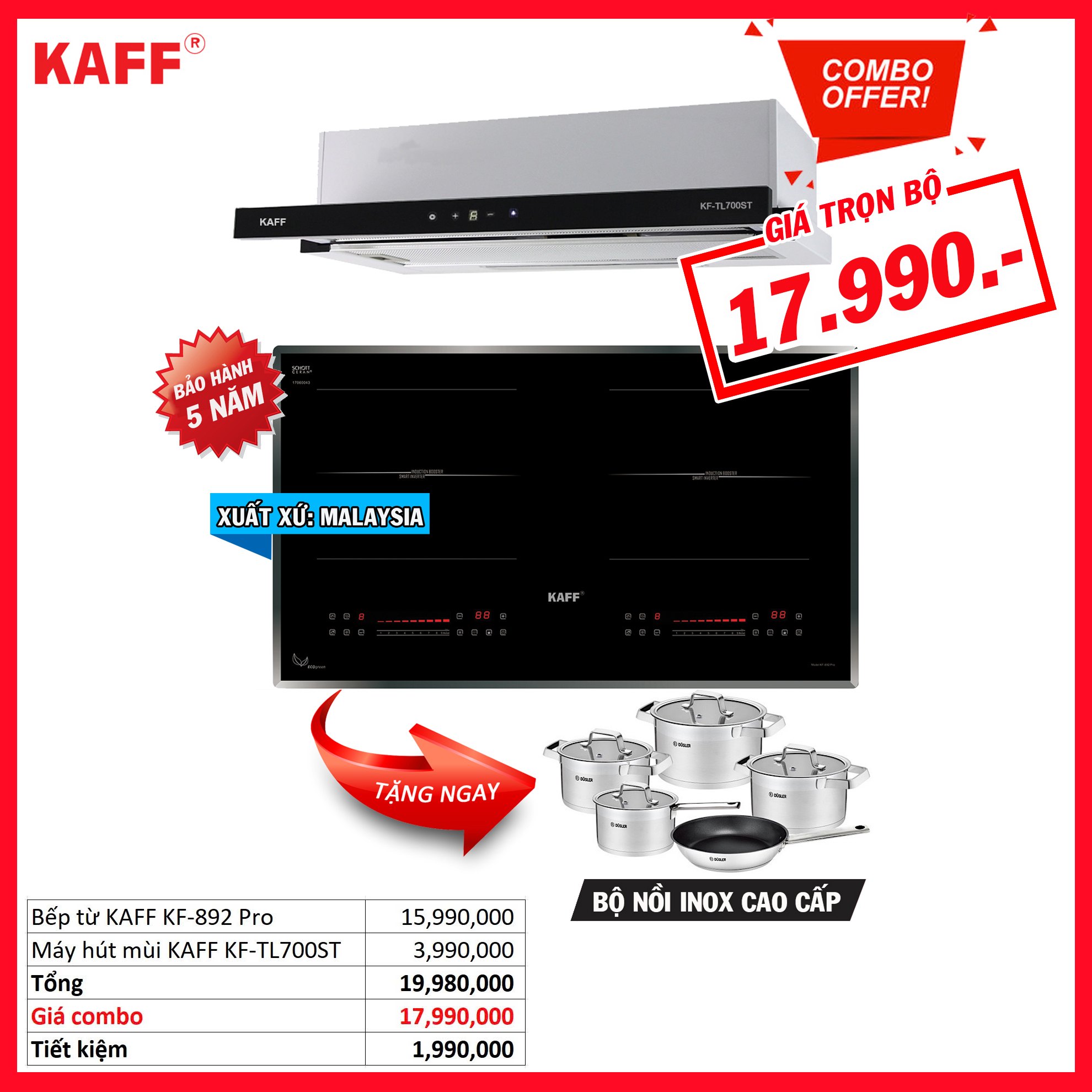 Combo 18: Bếp từ KAFF KF-892Pro Và Máy hút mùi KAFF KF-TL700ST