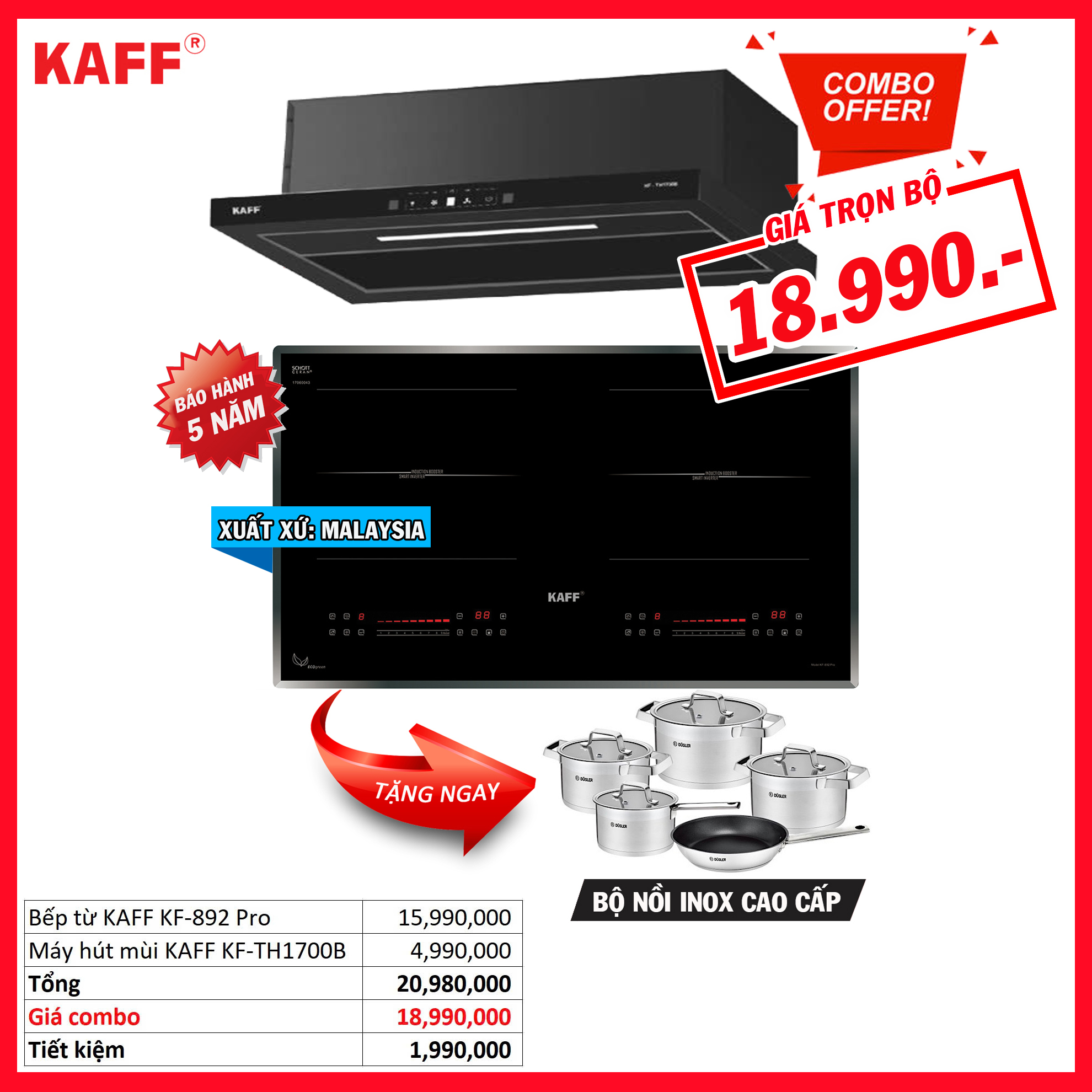 Combo 19: Bếp từ KAFF KF-892Pro và Máy hút mùi KAFF KF-TH1700B