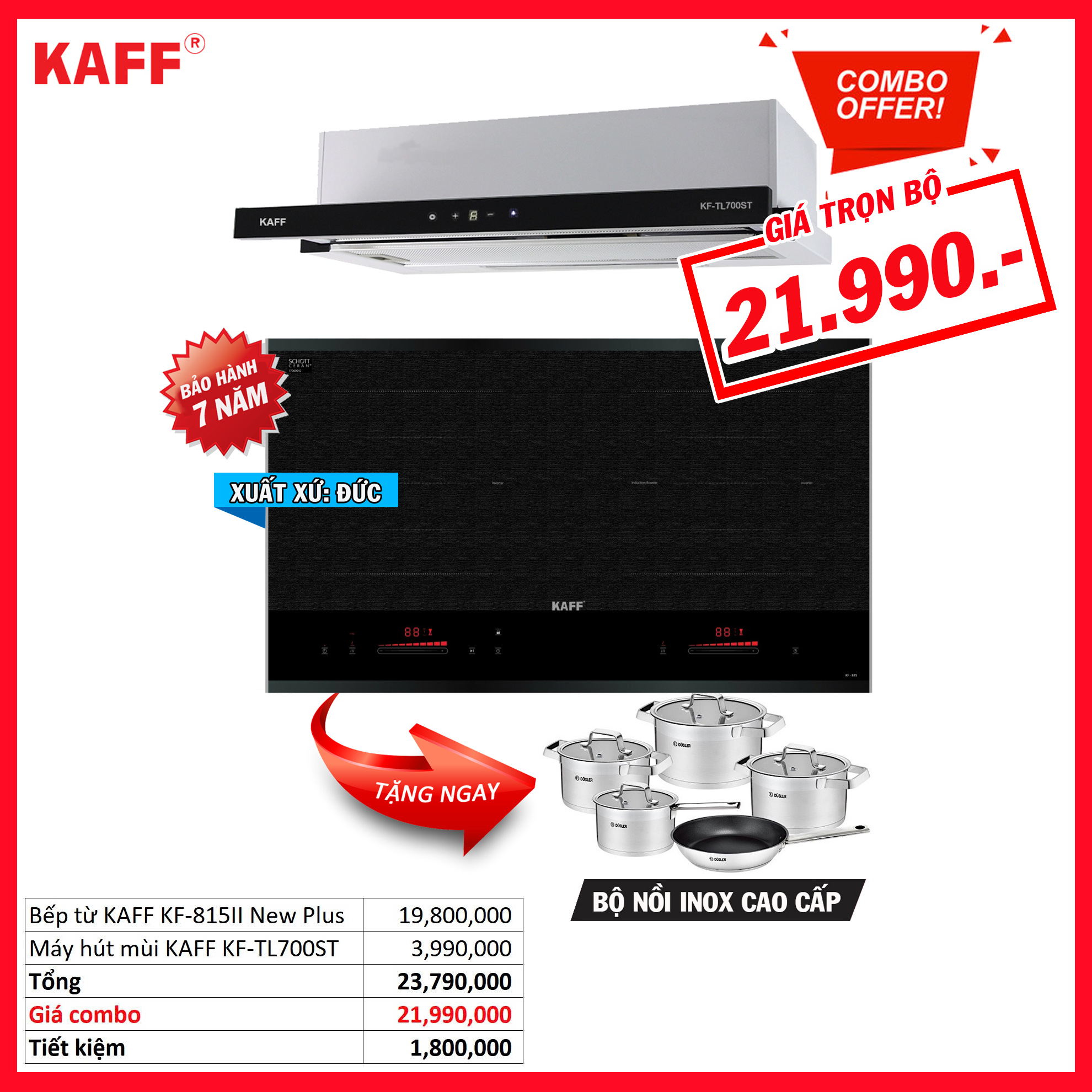 Combo 22: Bếp từ KAFF KF-815II New Plus và Máy hút mùi KAFF KF-TL700ST