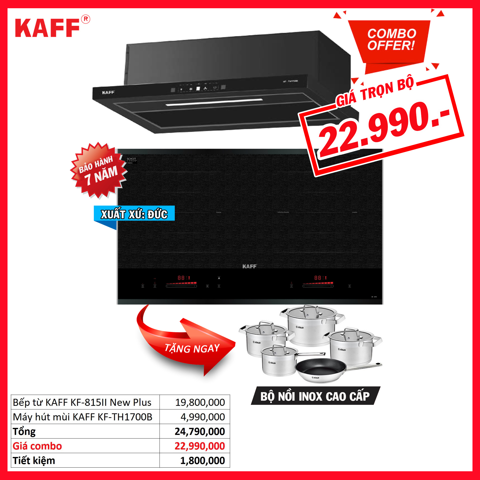 Combo 23: Bếp từ KAFF KF-815II New Plus và Máy hút mùi KAFF KF-TH1700B