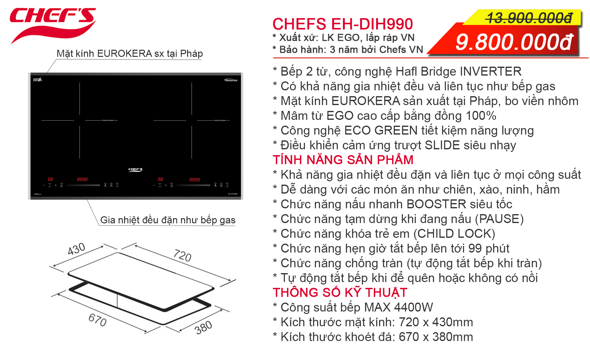 Combo 12: Bếp từ Chefs EH-DIH990 Và Máy hút mùi Chefs EH-R107E3D