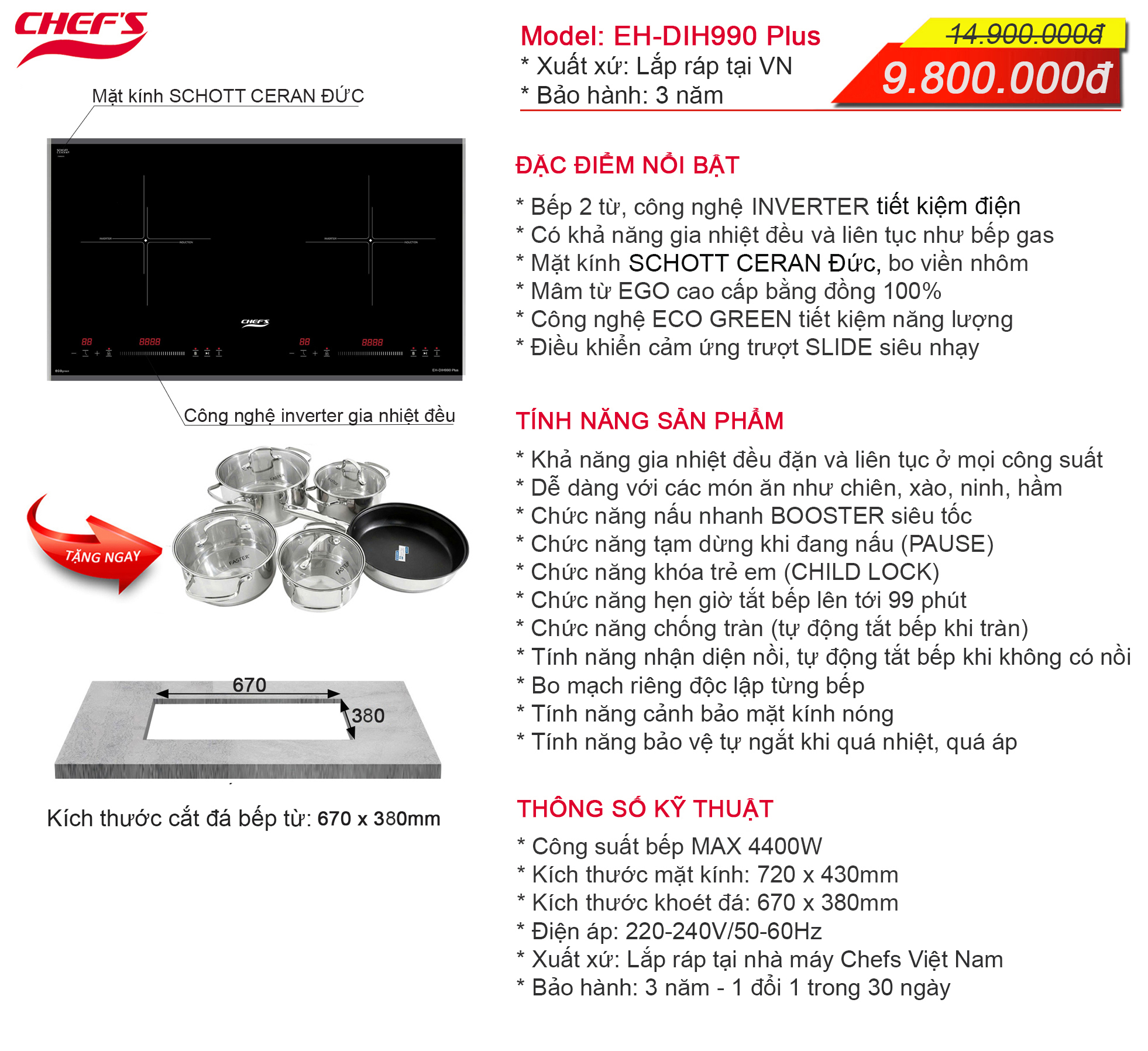 Combo HOT!!! Bếp từ CHEFS EH-DIH990 Plus & Máy hút mùi CHEFS EH-R908E3T