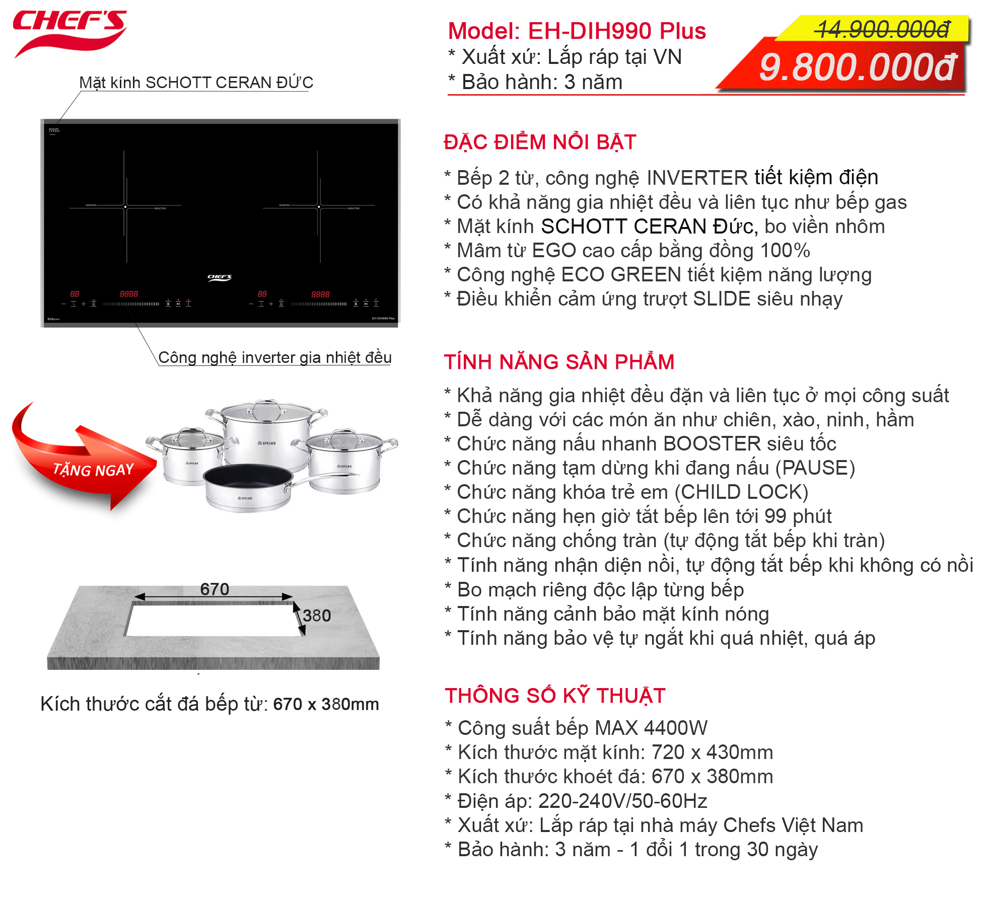 Combo HOT!!! Bếp từ CHEFS EH-DIH990 Plus & Máy hút mùi CHEFS EH-R908E3T