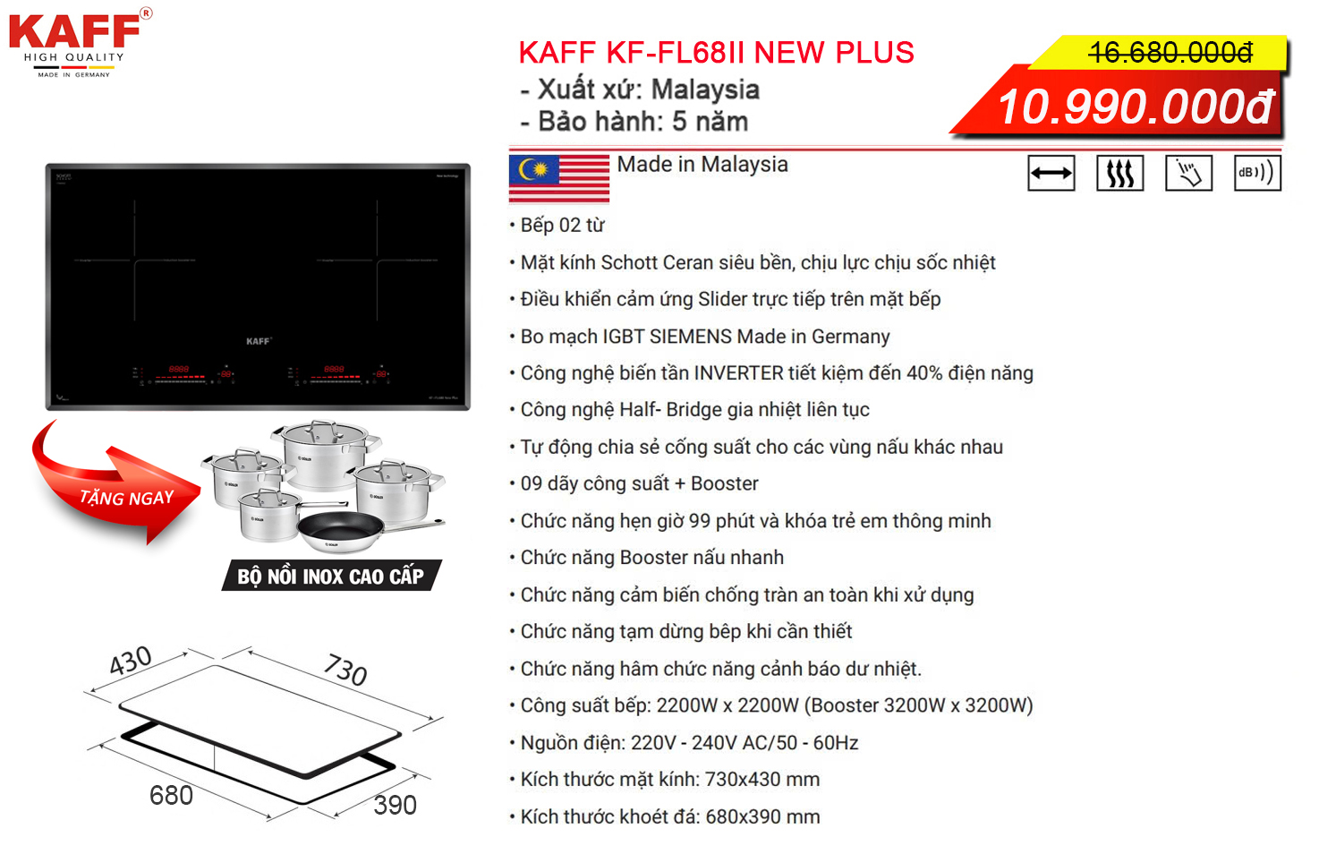 Combo 13: Bếp từ KAFF KF-FL68ii New Plus Và Máy hút mùi KAFF KF-GBT7069