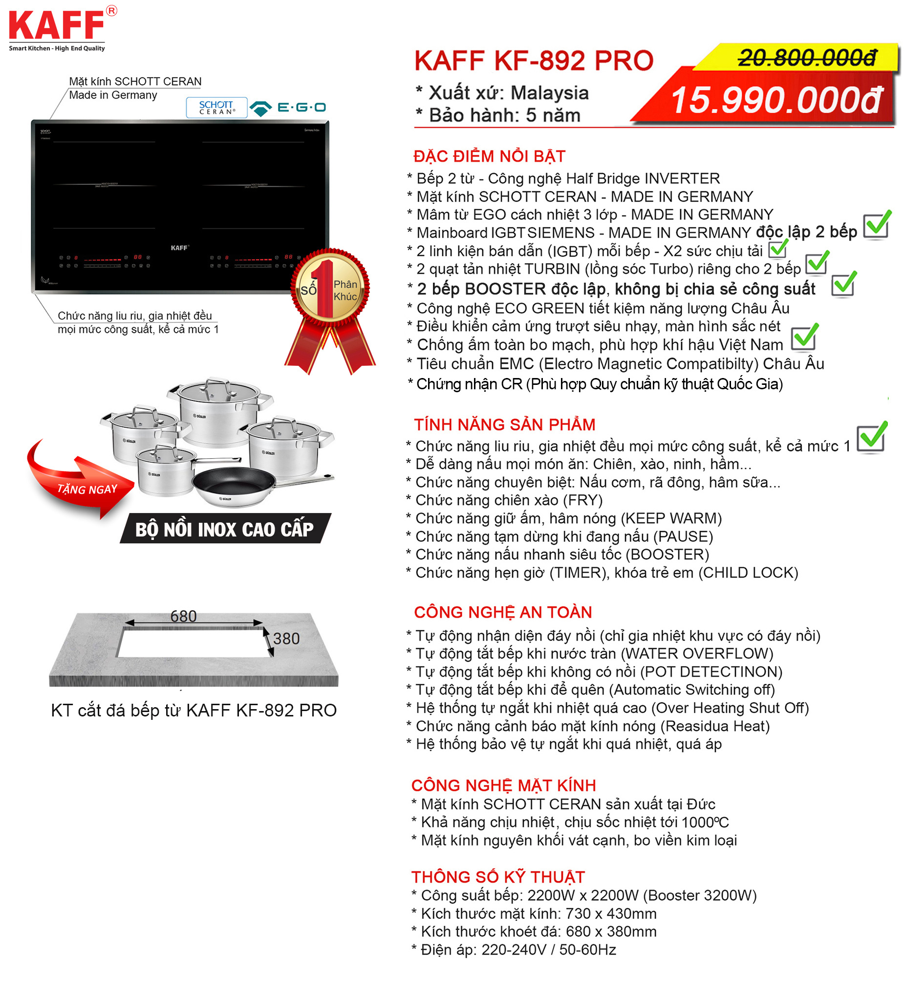 Combo 19: Bếp từ KAFF KF-892Pro và Máy hút mùi KAFF KF-TH1700B