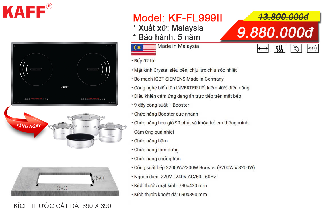 Combo 8: Bếp từ KAFF KF-FL999II và Máy hút mùi KAFF KF-GBT7069