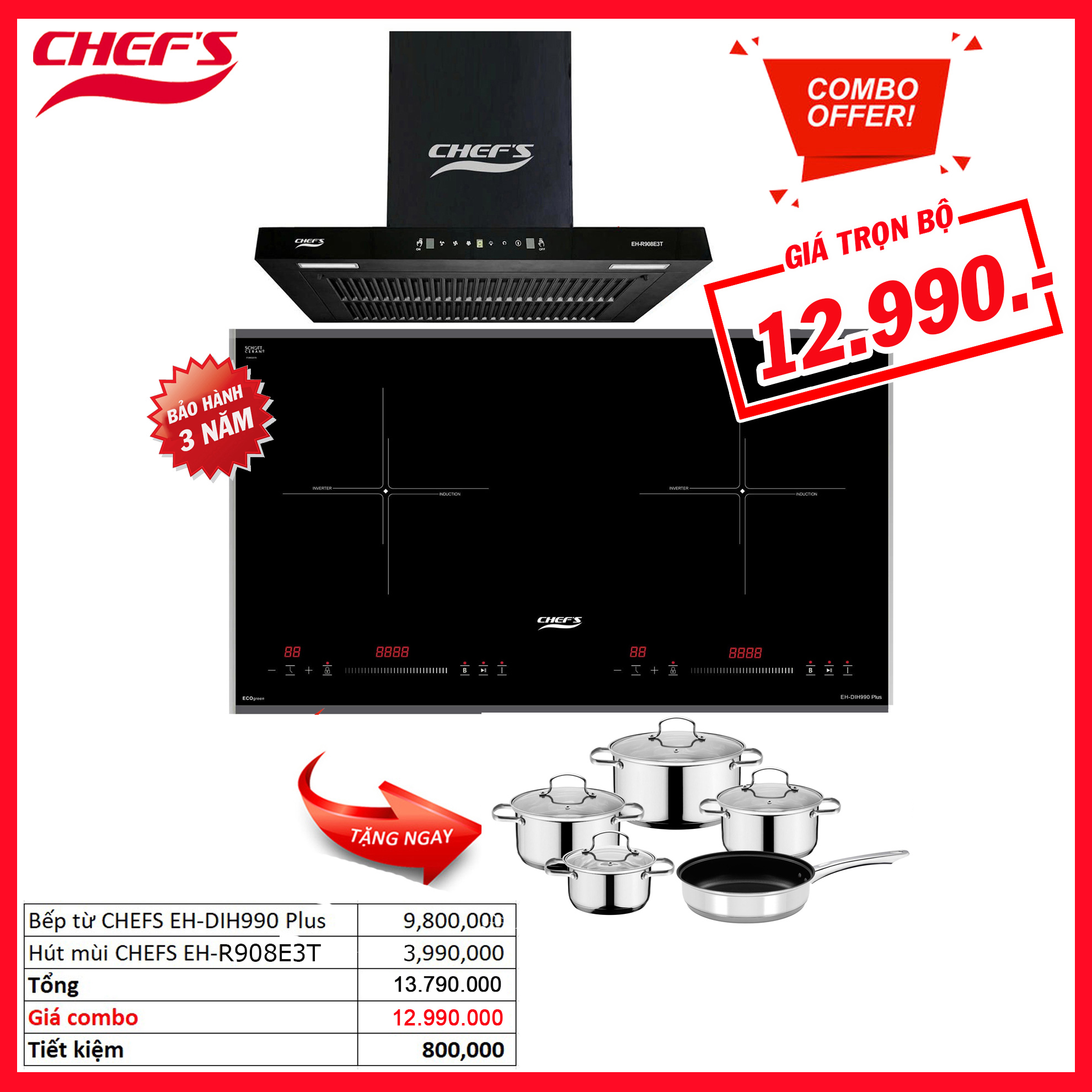 Combo HOT!!! Bếp từ CHEFS EH-DIH990 Plus & Máy hút mùi CHEFS EH-R908E3T