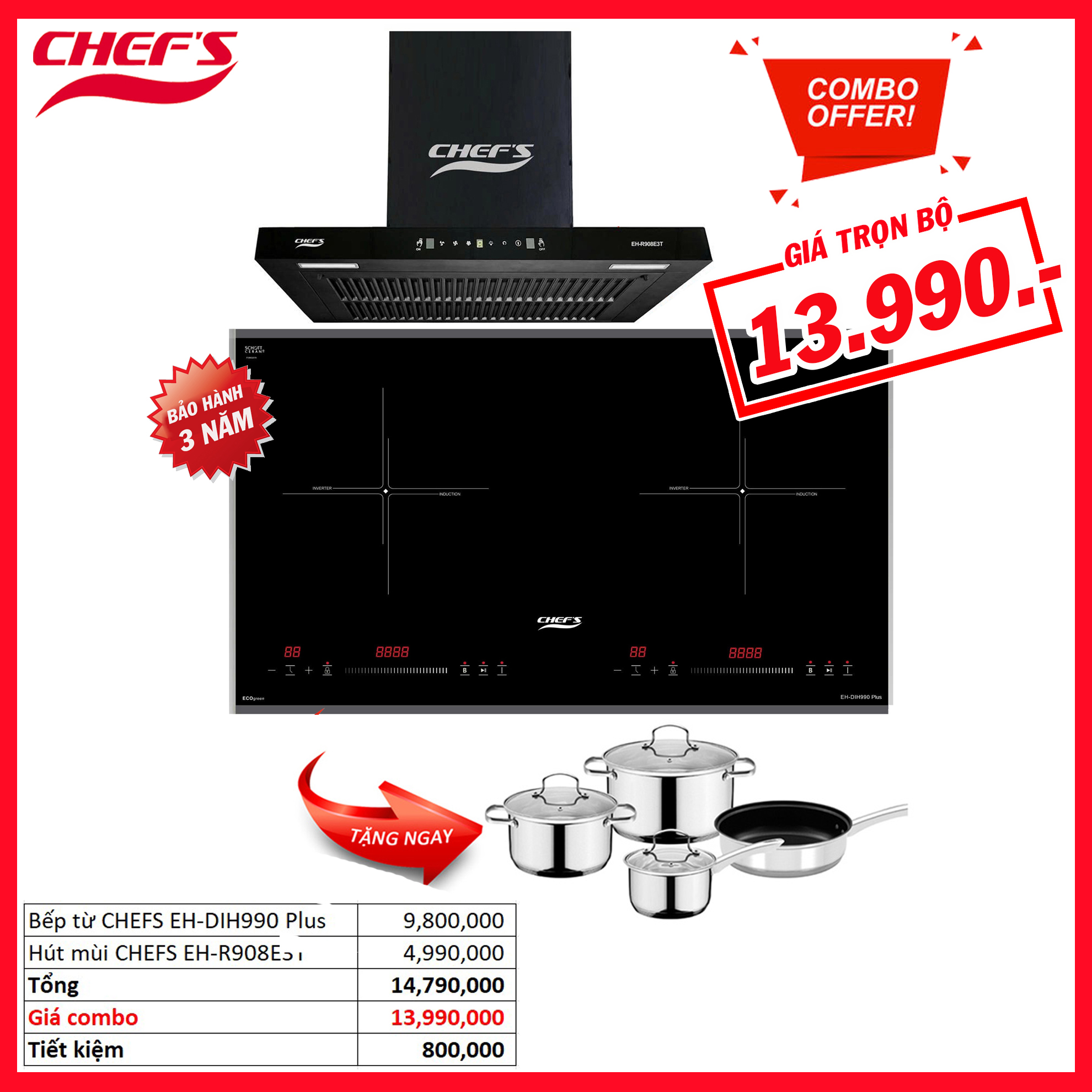 Combo HOT!!! Bếp từ CHEFS EH-DIH990 Plus & Máy hút mùi CHEFS EH-R908E3T