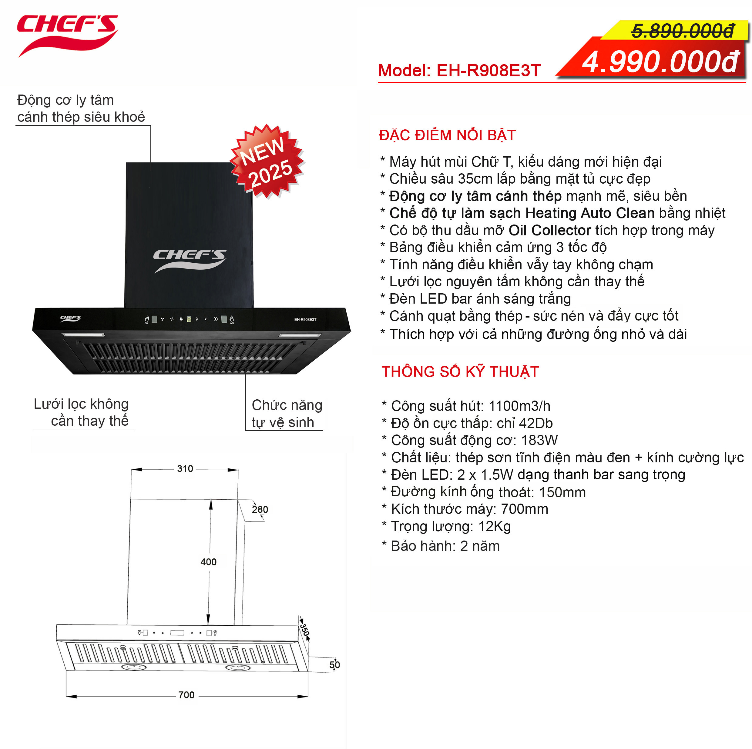 Combo HOT!!! Bếp từ CHEFS EH-DIH990 Plus & Máy hút mùi CHEFS EH-R908E3T