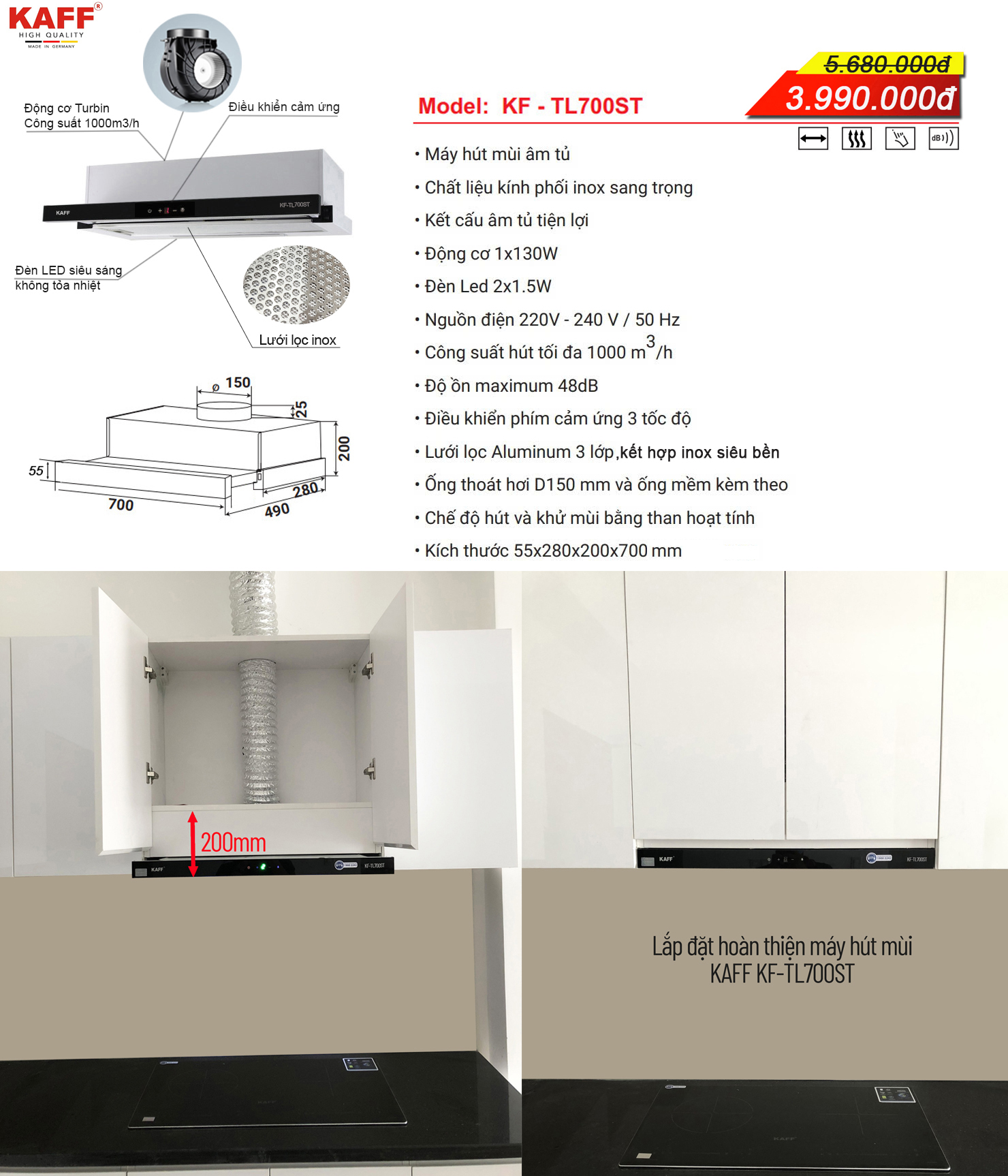 Combo 15: Bếp từ KAFF KF-890Plus và Máy hút mùi KAFF KF-TL700ST