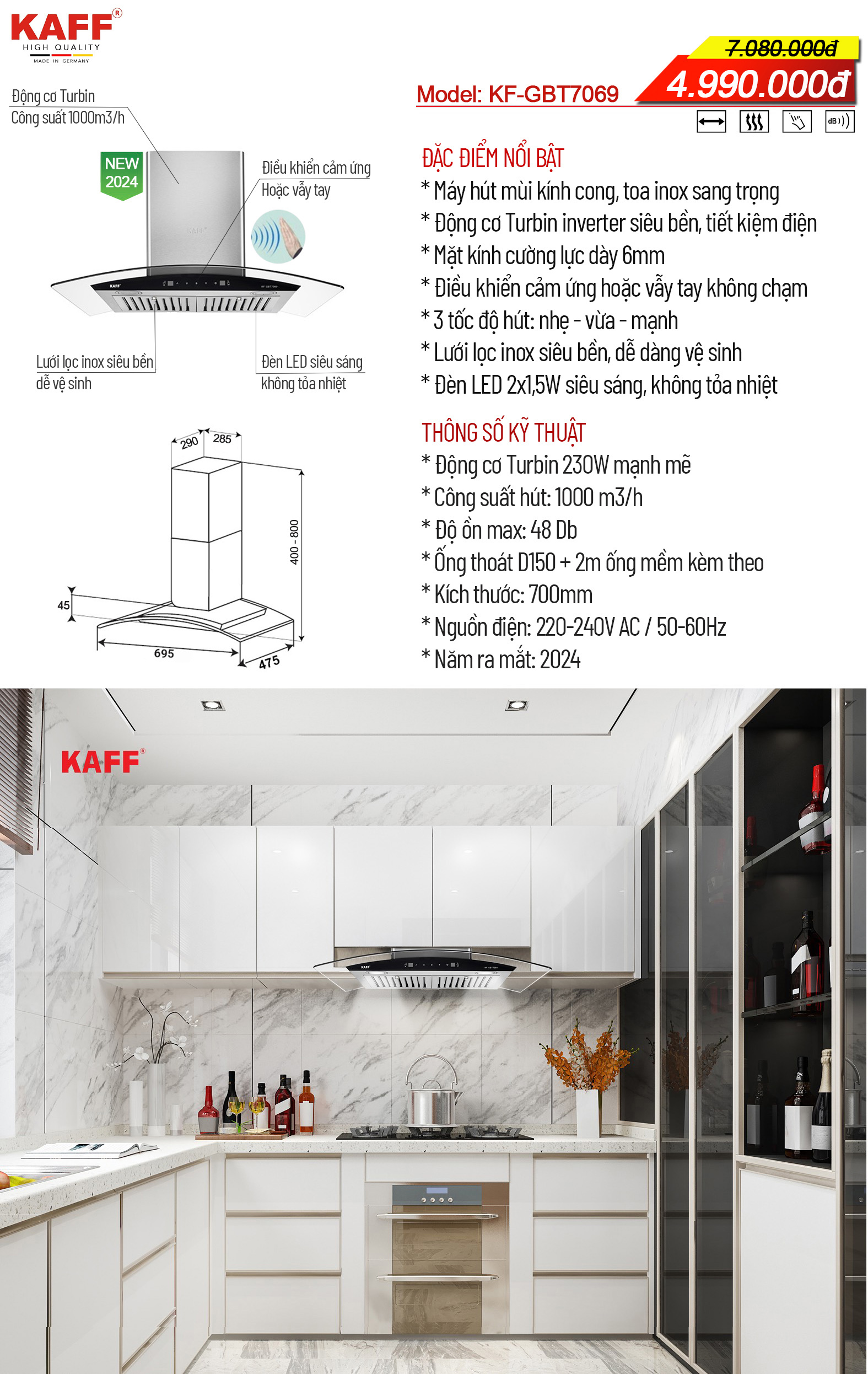 Combo 10: Bếp từ KAFF KF-FL808II và Máy hút mùi KAFF KF-GBT7069