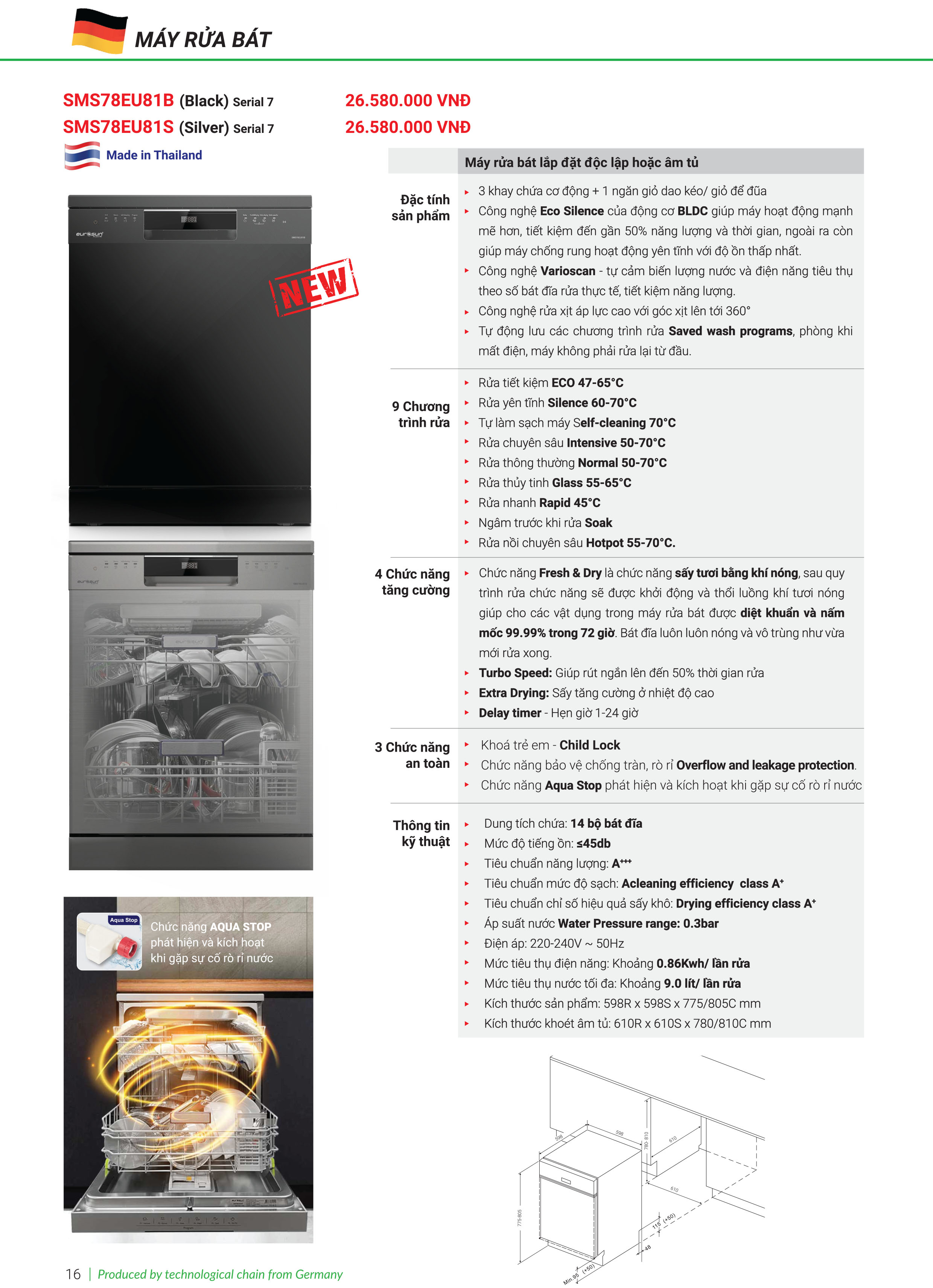 Máy rửa bát Eurosun SMS78EU81B - Seri 7 - Made in Thailand