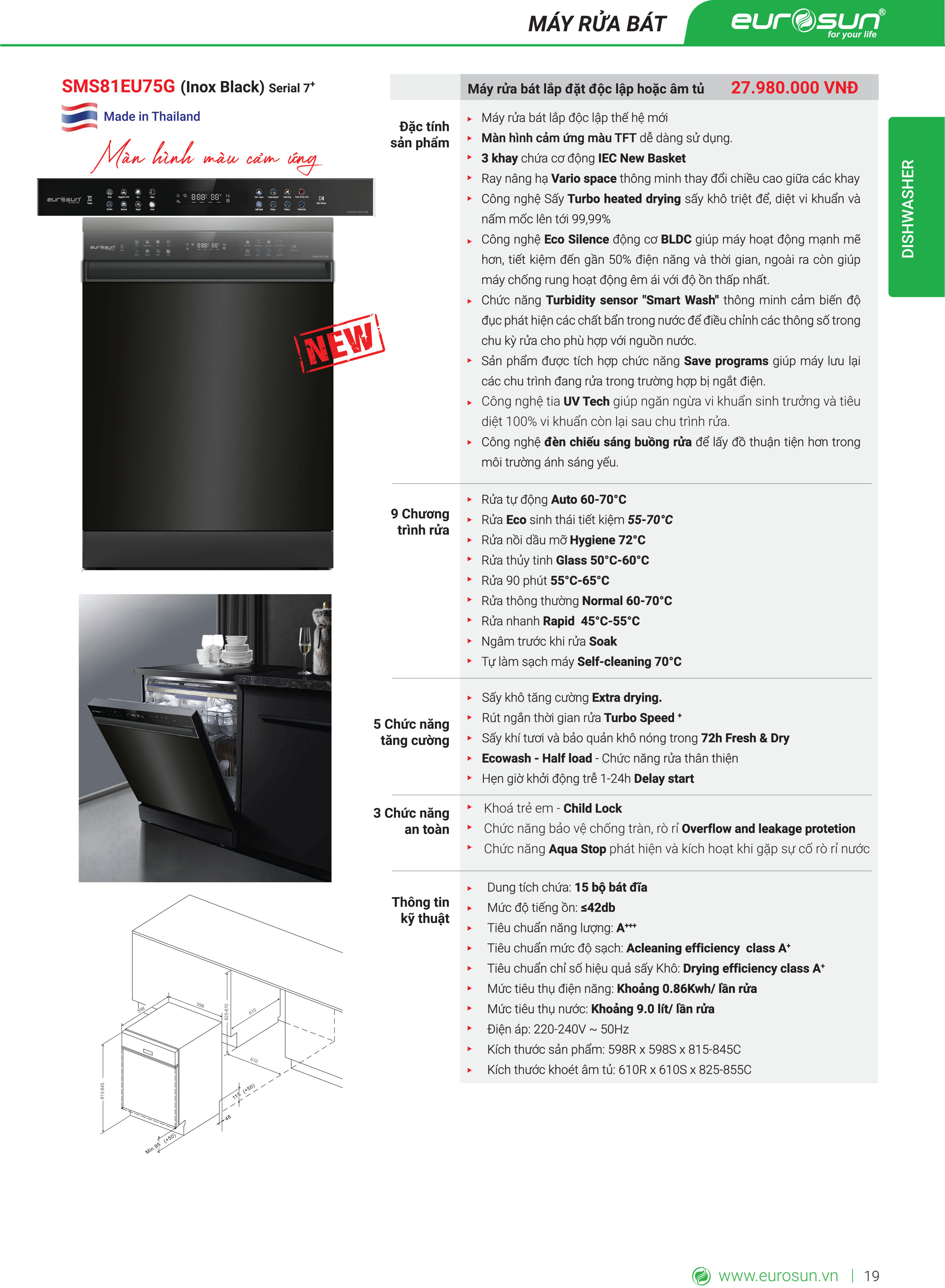 Máy rửa bát Eurosun SMS81EU75G Serial 7 - Made in Thailand