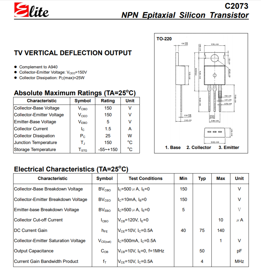 Transistor NPN C2073 150V 1.5A B6H10 Công ty cổ phần Linh Kiện Việt Nam