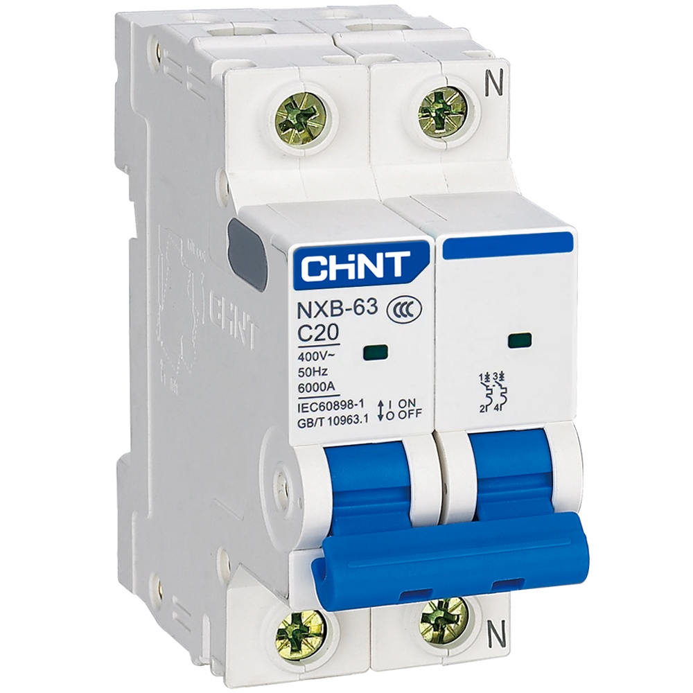 Át điện MCB 2 pha 20A NXB-63 C20 / chính hãng Chint /Aptomat MCB 2P 20A Chint NXB-63 C20