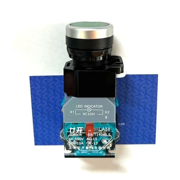 Nút nhấn nhả LA38-11 22mm màu xanh lá có đèn 220V (tiếp điểm bạc) - K3H9
