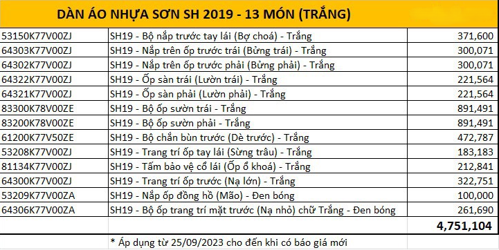 bo nhua sh 2017 2018 2019 bang mau tham khao