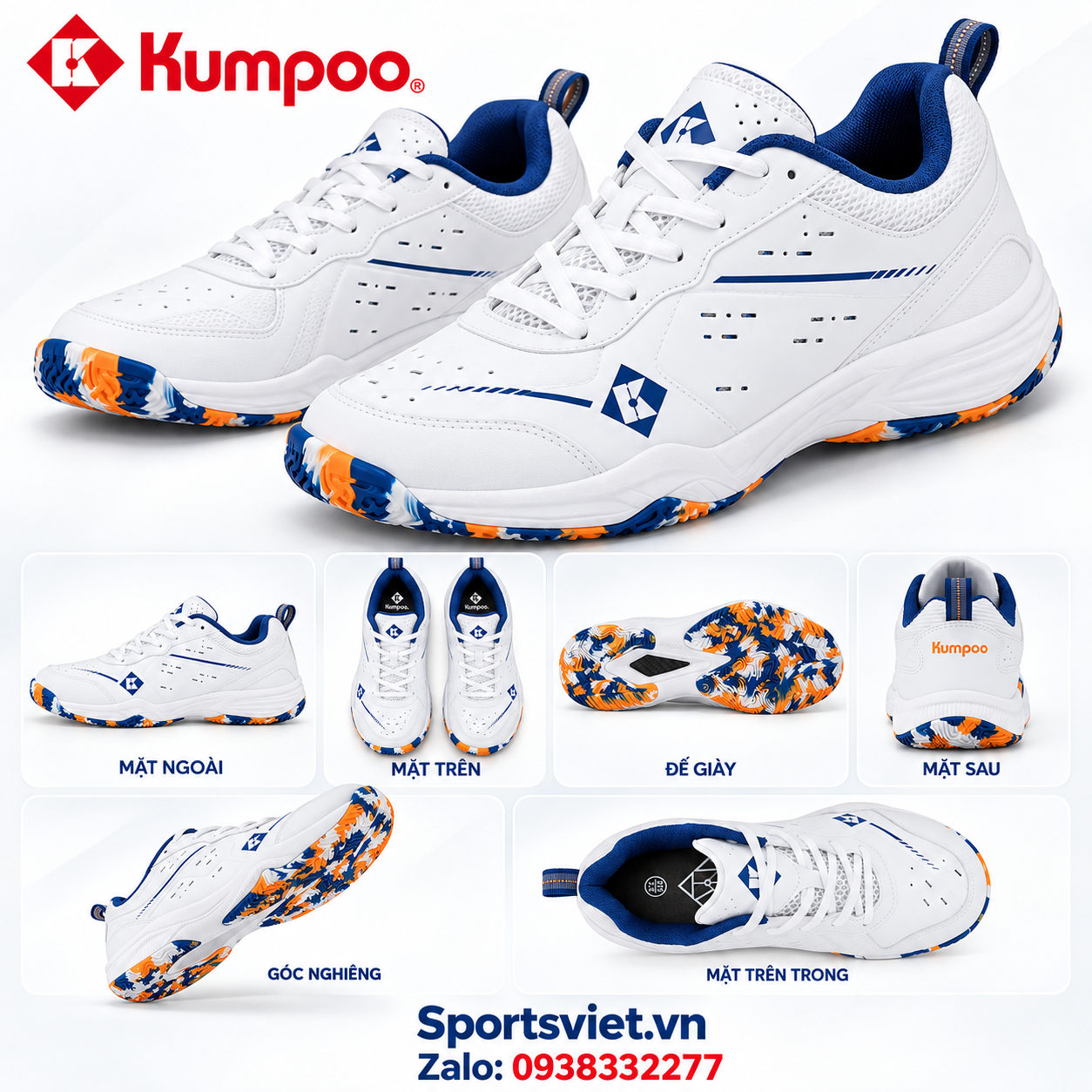 Giay-cau-long-pickleball-Kumpoo-E317-nam-nu-chinh-hang-gia-re-mau-trang-xanh
