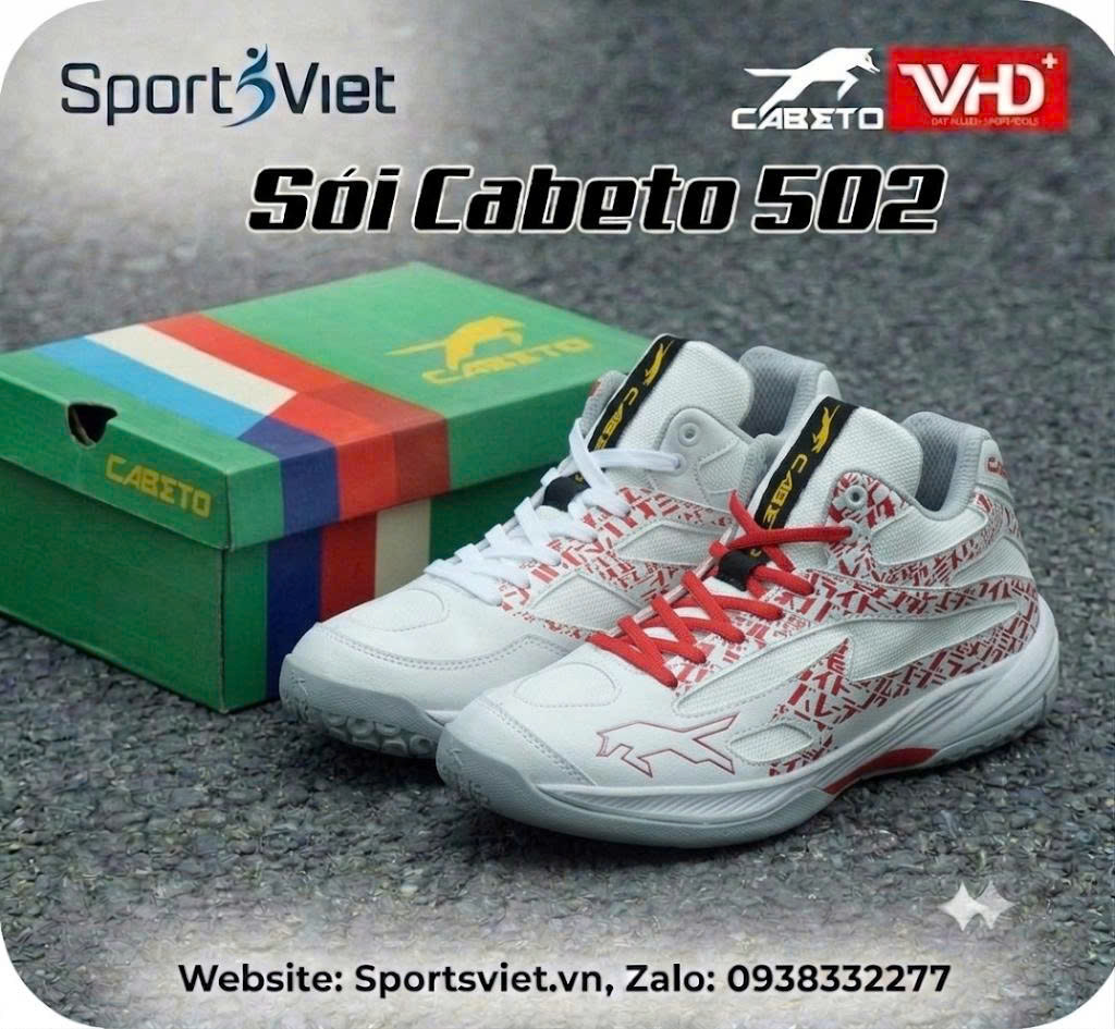 giày bóng chuyền vhd cabeto sói 502 màu trắng đỏ cày sân bê tông cổ cao nam nữ