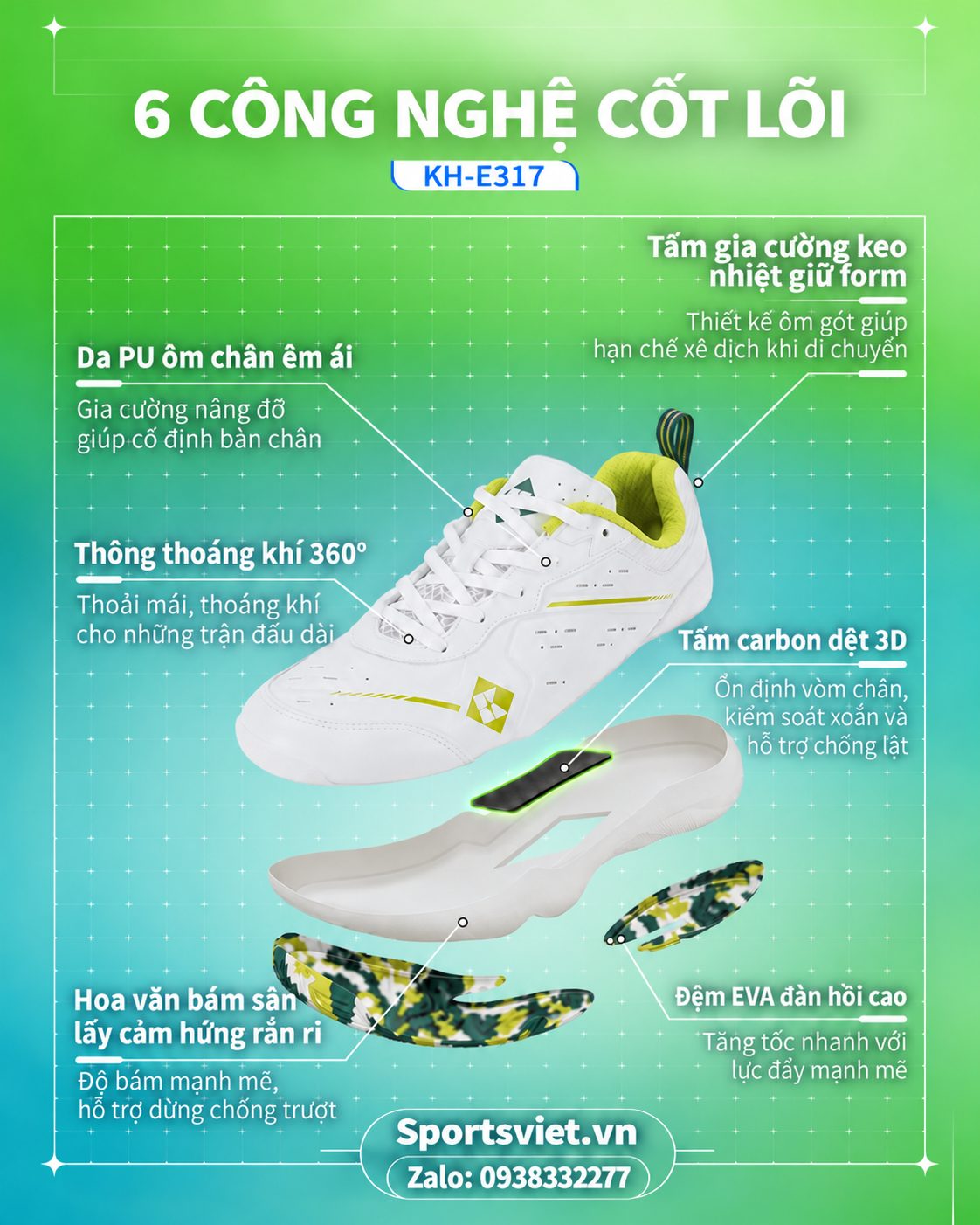 Giay-cau-long-pickleball-Kumpoo-E317-nam-nu-gia-re-chinh-hang-mau-trang-xanh-la